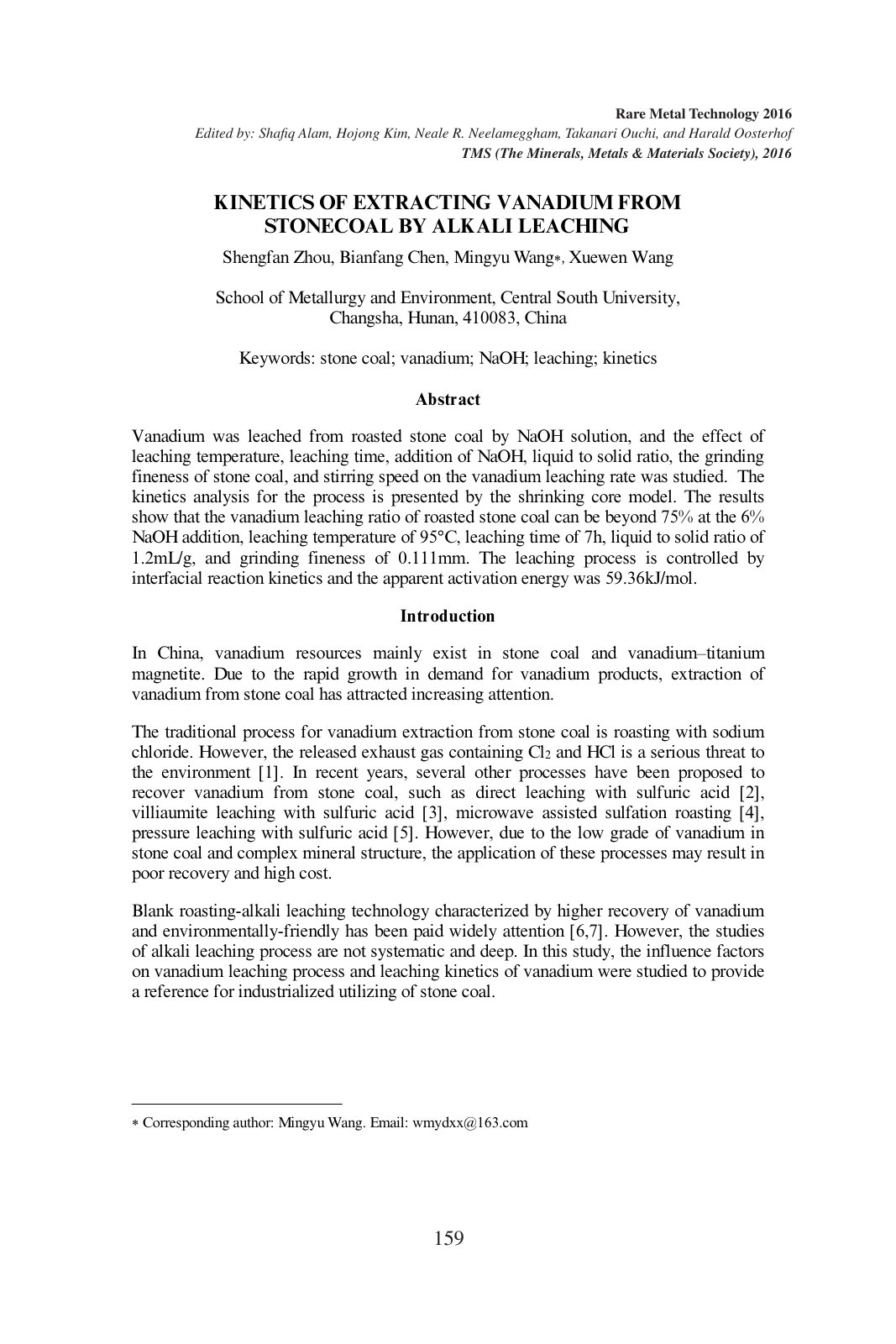 First page of kinetics of extracting vanadium from stonecoal by alkali leaching