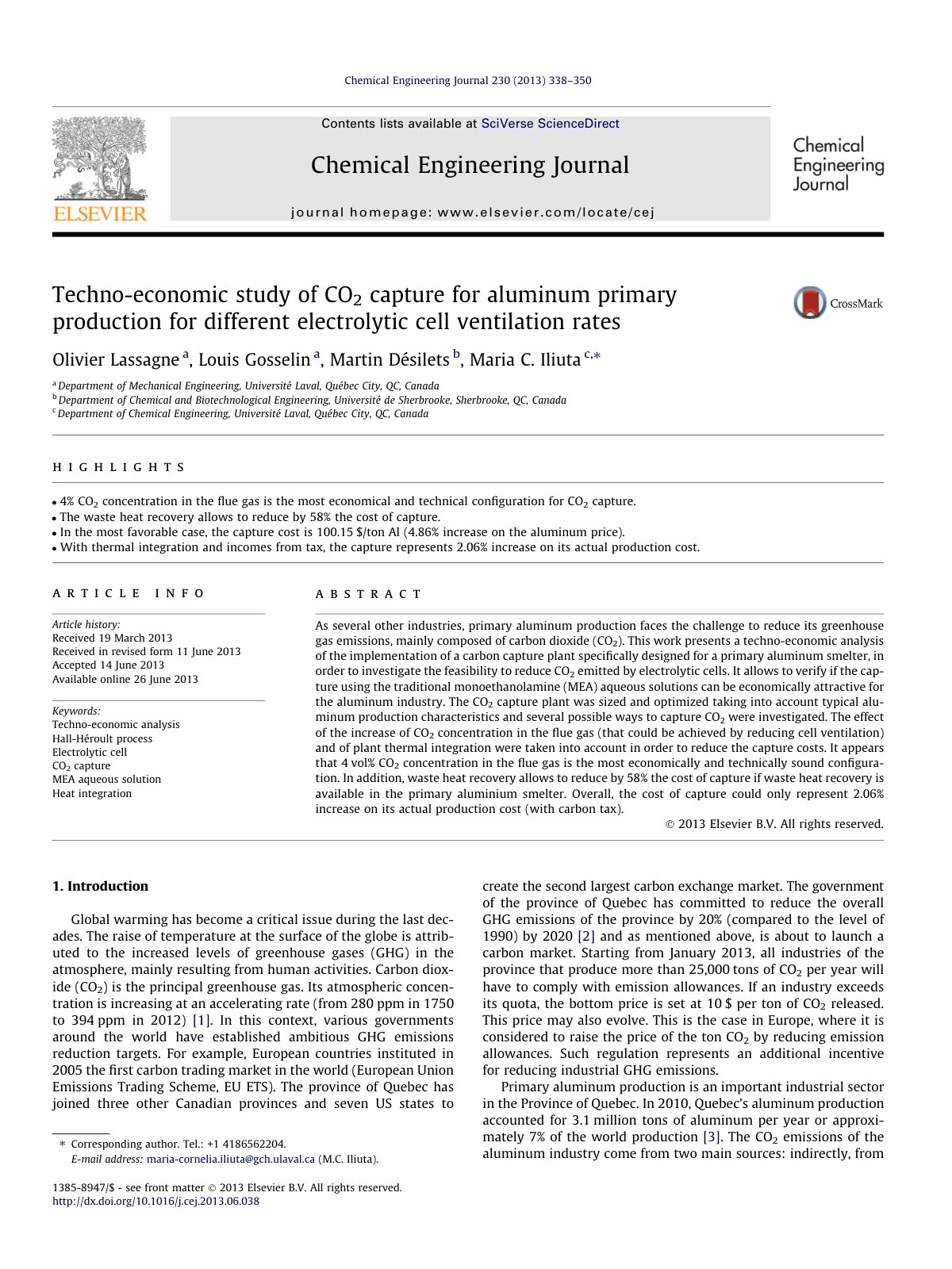 First page of Techno-economic study of CO2 capture for aluminum primary production for different electrolytic cell ventilation rates