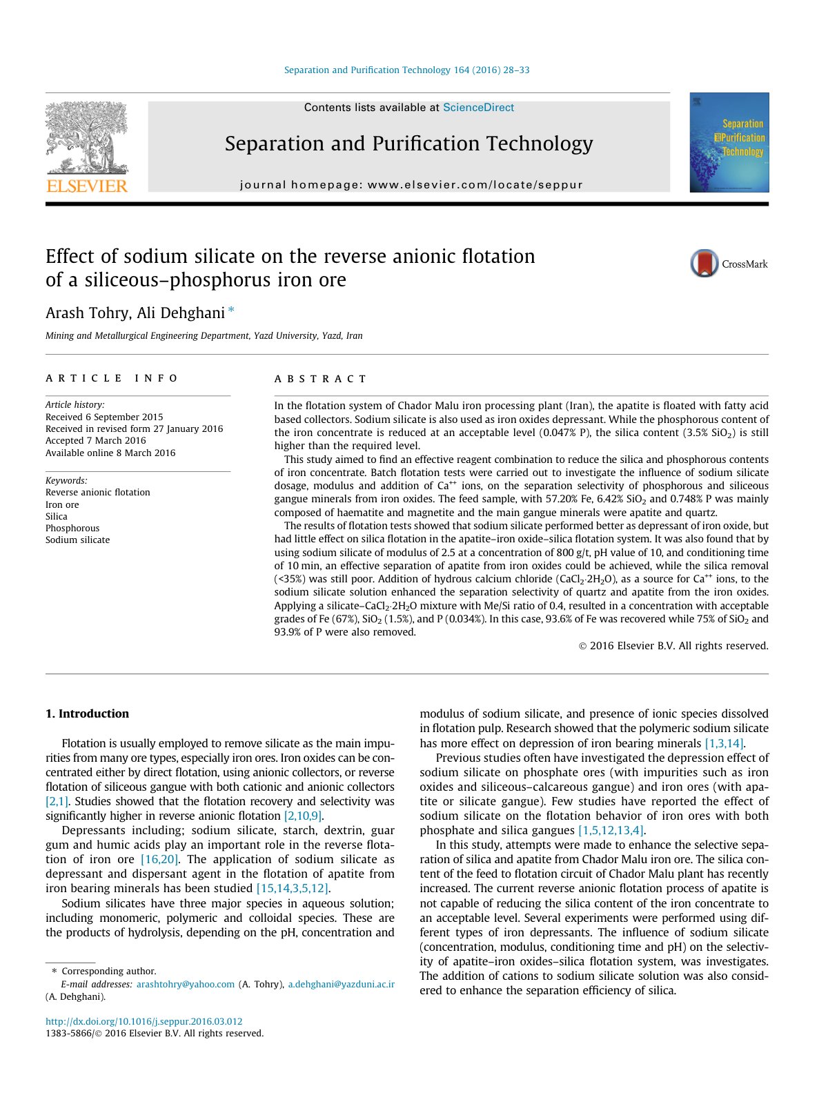 First page of Effect of sodium silicate on the reverse anionic ﬂotation of a siliceous–phosphorus iron ore