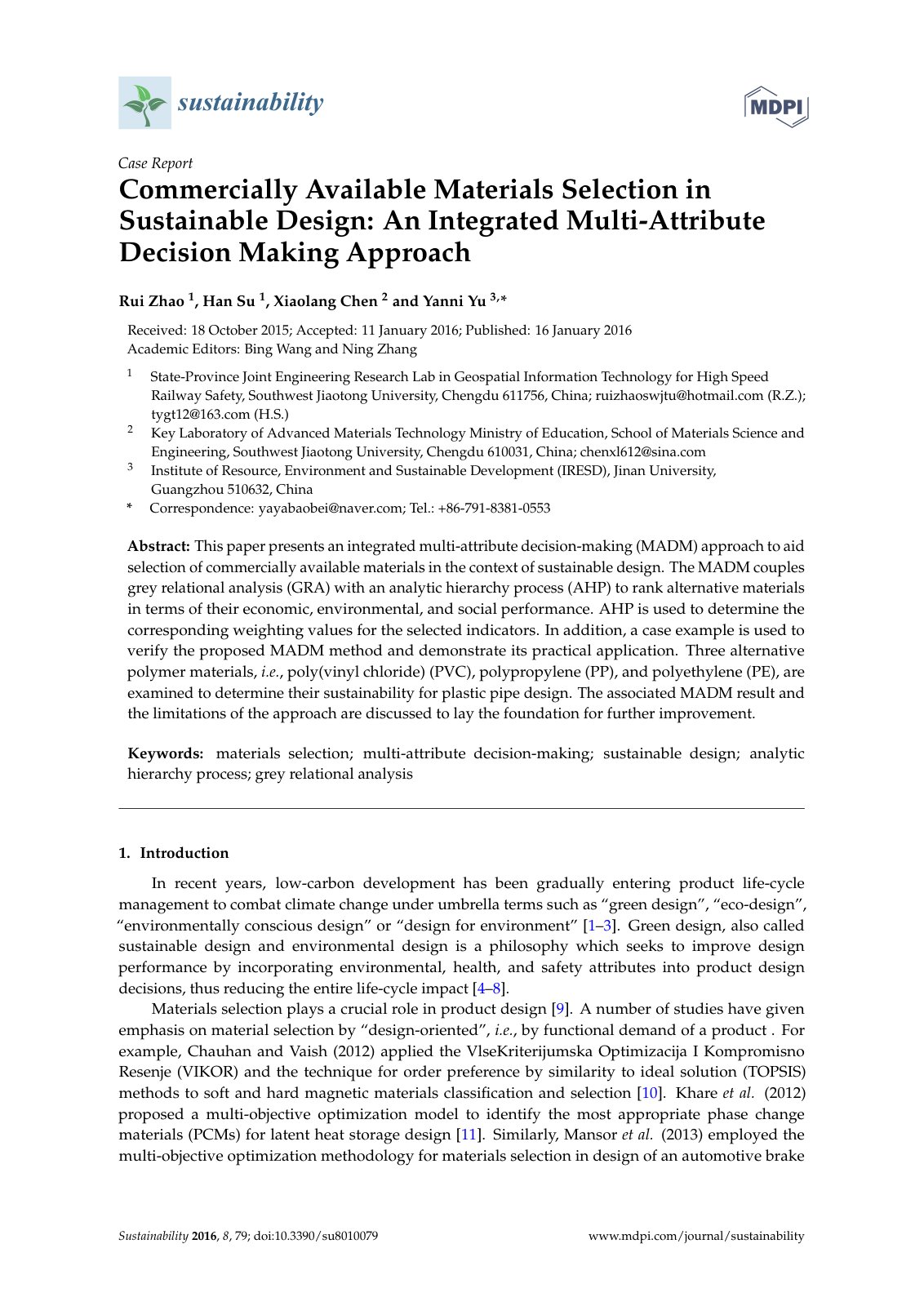 First page of Commercially Available Materials Selection in Sustainable Design: An Integrated Multi-Attribute Decision Making Approach