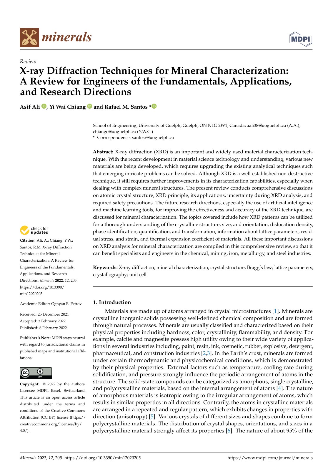 First page of X-ray Diffraction Techniques for Mineral Characterization: A Review for Engineers of the Fundamentals, Applications, and Research Directions