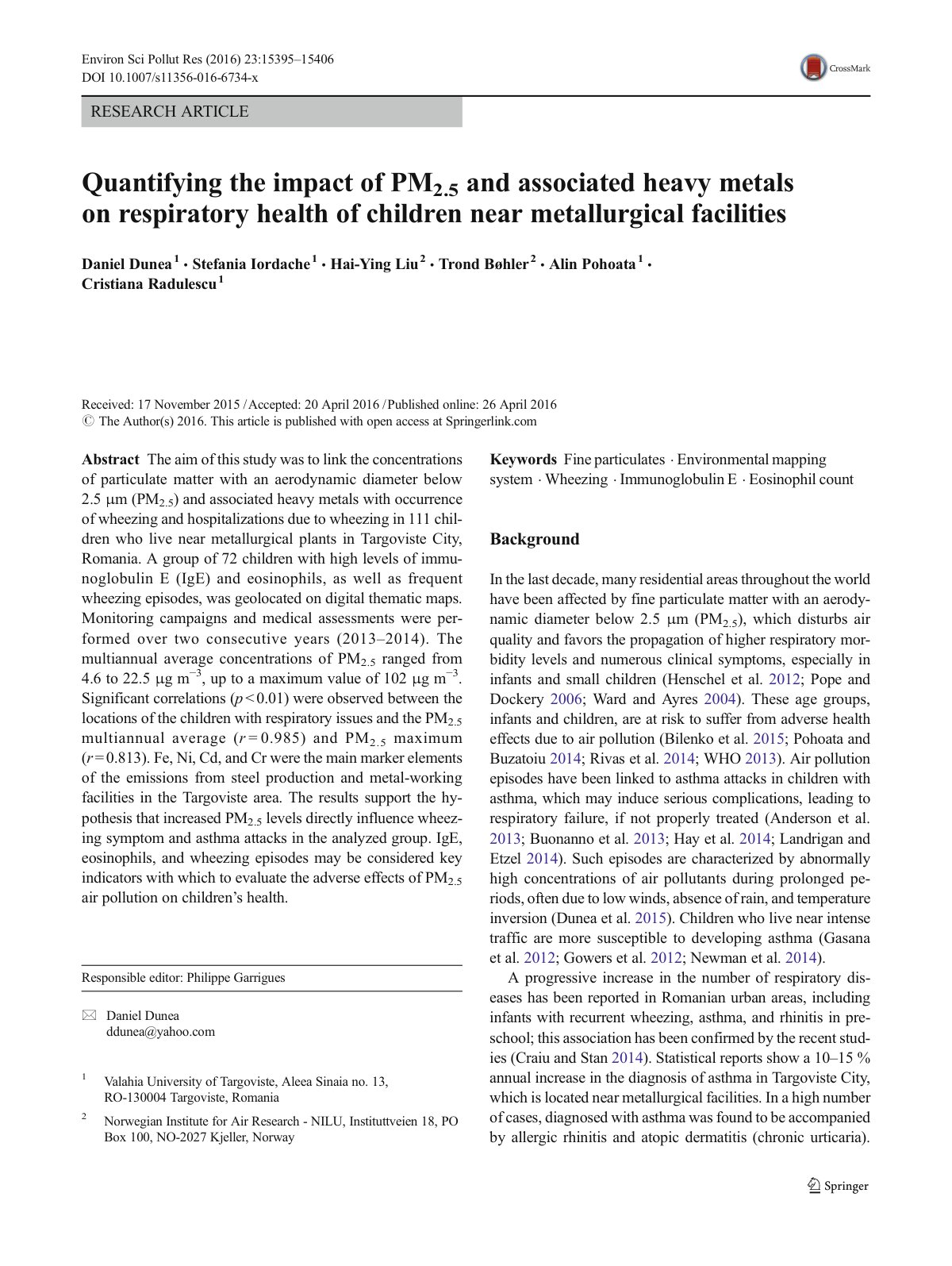 First page of Quantifying the impact of PM2.5 and associated heavy metals on respiratory health of children near metallurgical facilities