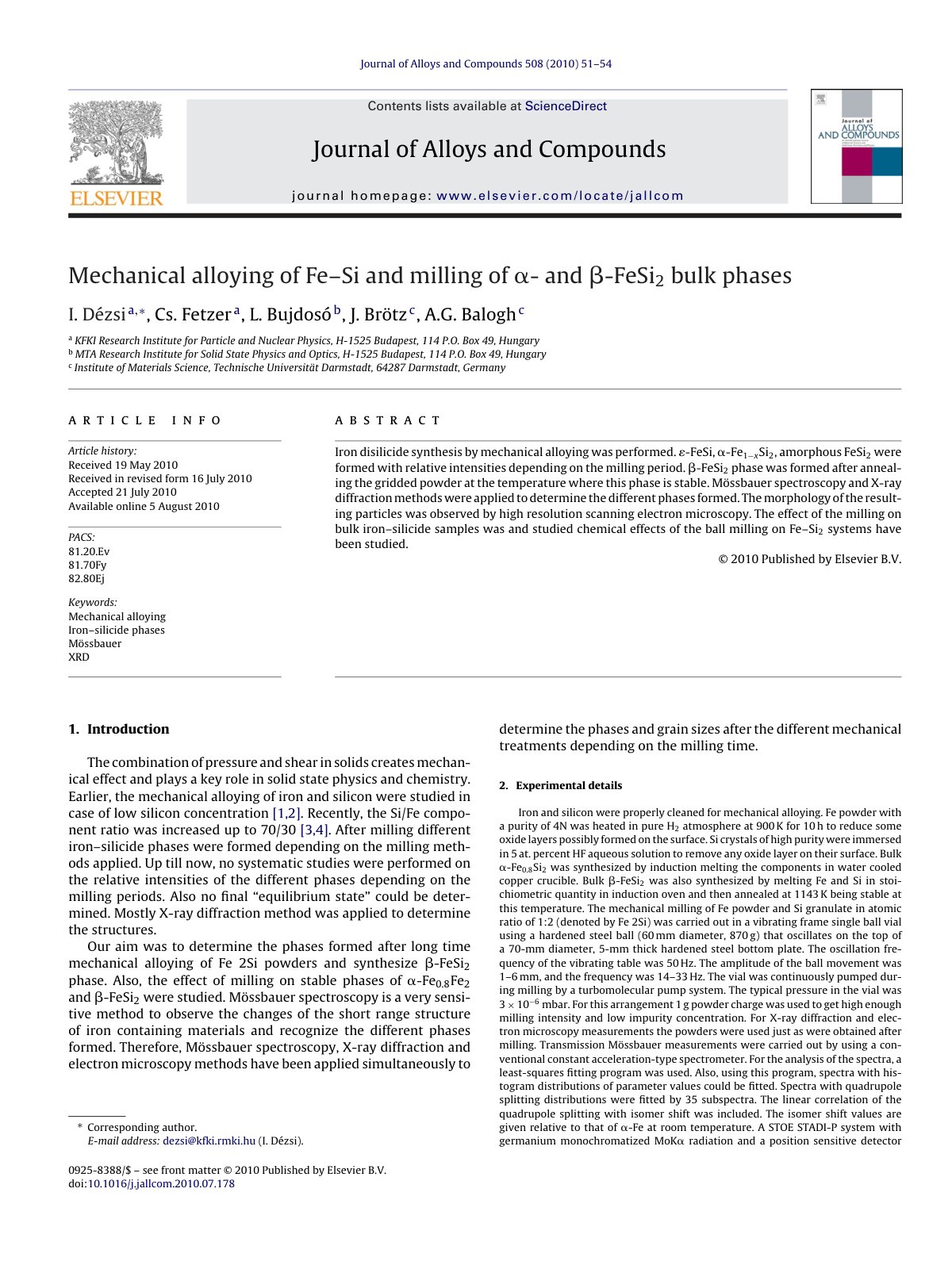 First page of Mechanical alloying of Fe–Si and milling of/H9251- and /H9252-FeSi2 bulk phases