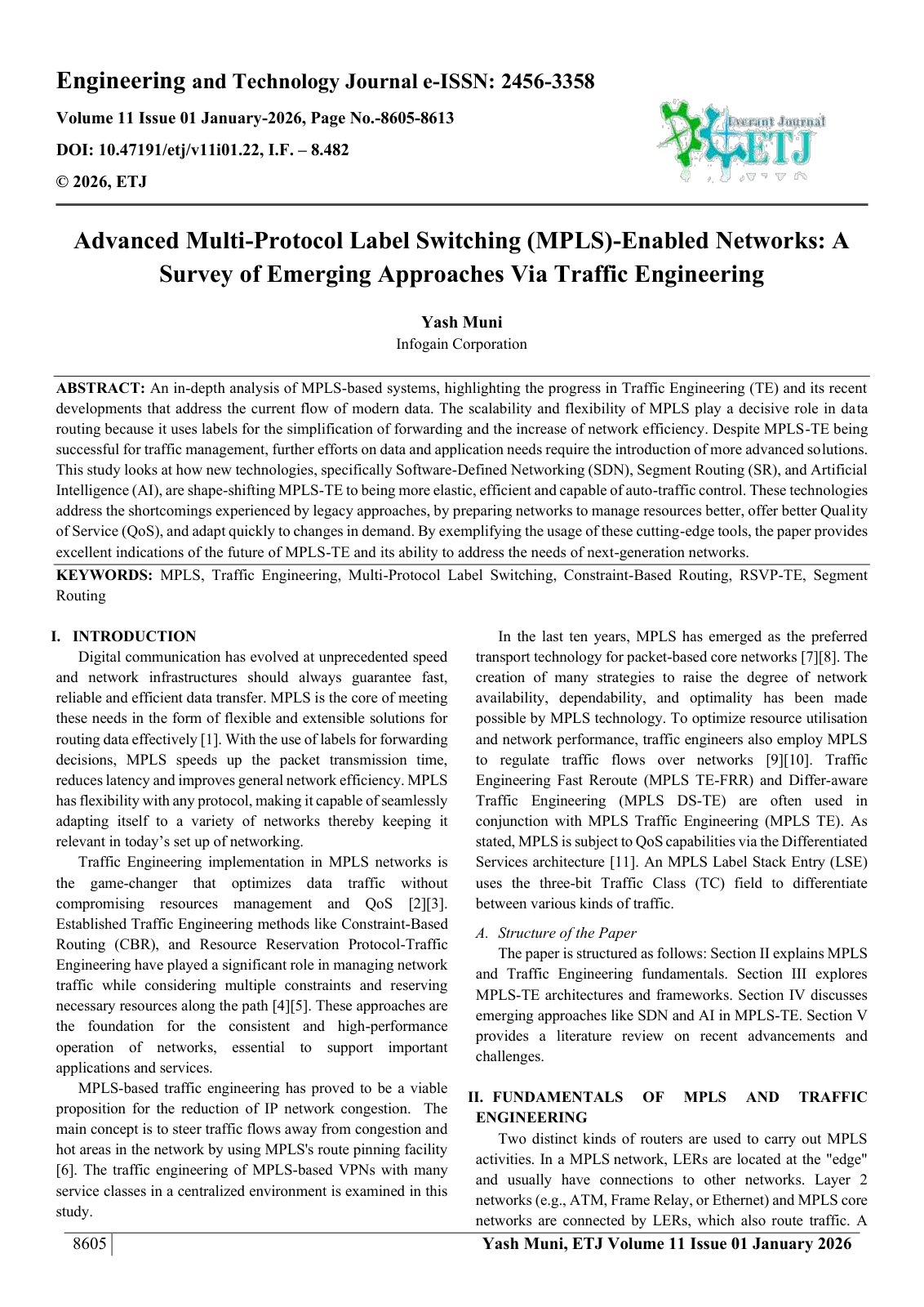 First page of Advanced Multi-Protocol Label Switching (MPLS)-Enabled Networks: A  Survey of Emerging Approaches Via Traffic Engineering   