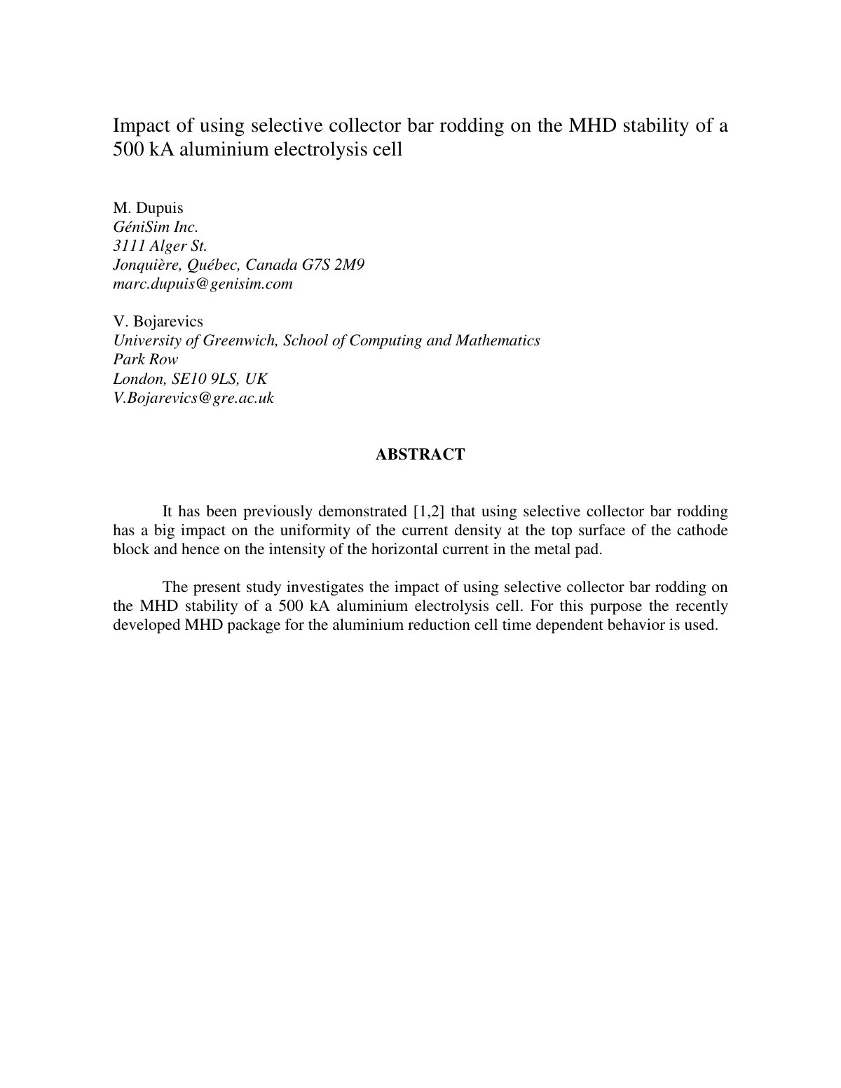First page of Impact of using selective collector bar rodding on the MHD stability of a 500 kA aluminium electrolysis cell