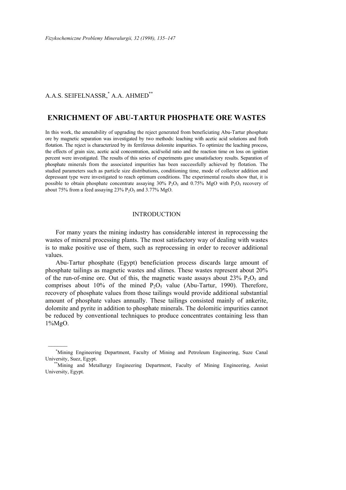 First page of ENRICHMENT OF ABU-TARTUR PHOSPHATE ORE WASTES