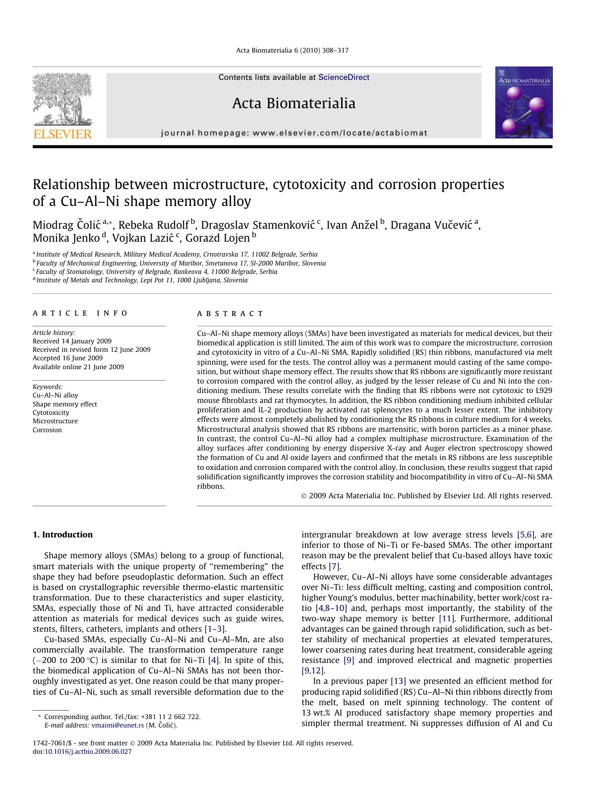 First page of Relationship between microstructure, cytotoxicity and corrosion properties of a Cu–Al–Ni shape memory alloy