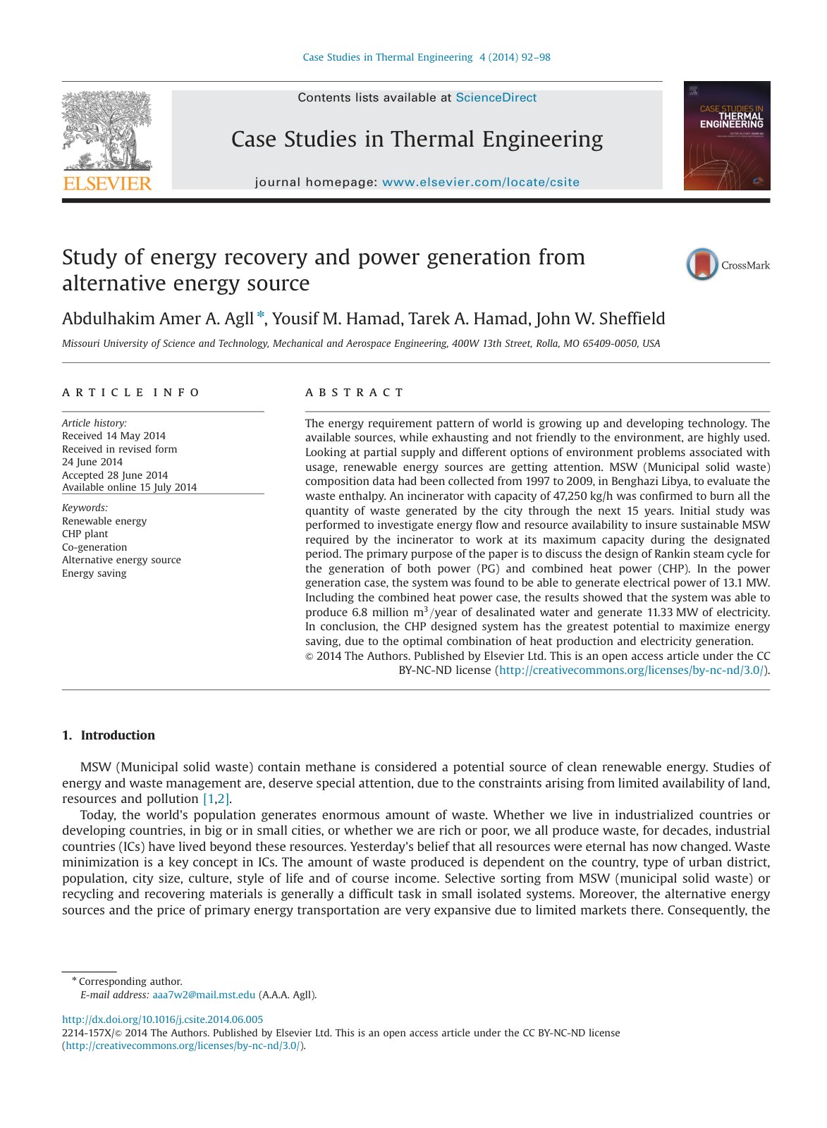 First page of Study of energy recovery and power gener