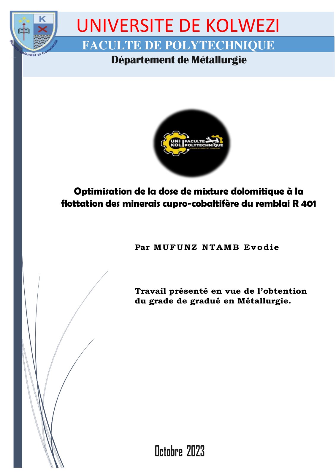 First page of Optimisation de la dose de mixture dolomitique à la flottation des minerais cupro-cobaltifère du remblai R 401