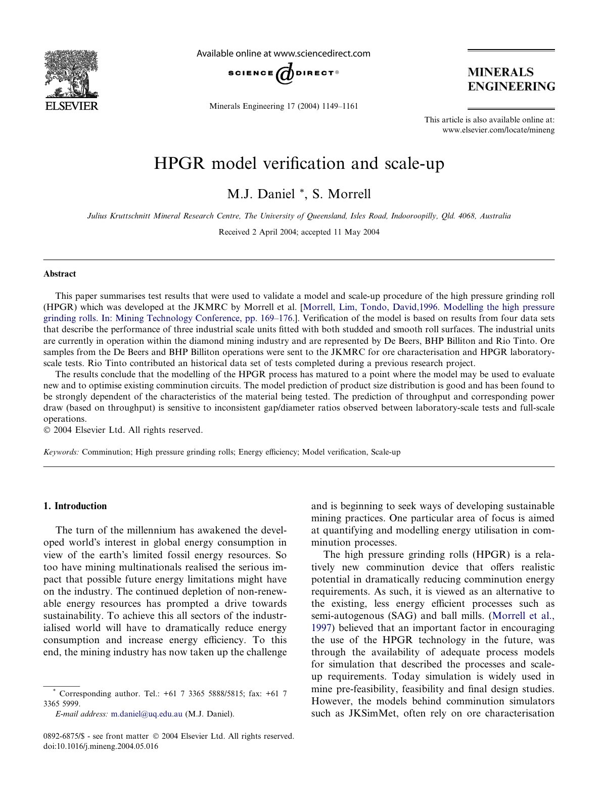 First page of HPGR modelling paper  Daniel and Morrell