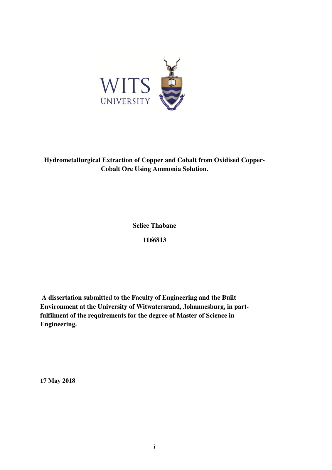 First page of Hydrometallurgical Extraction of Copper and Cobalt from Oxidised Copper-Cobalt Ore Using Ammonia Solution
