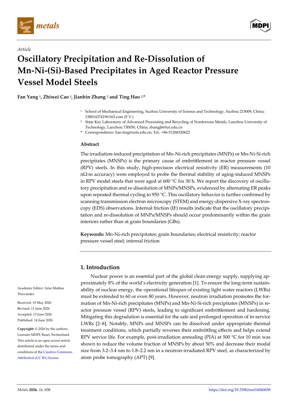 First page of Oscillatory Precipitation and Re-Dissolution of Mn-Ni-(Si)-Based Precipitates in Aged Reactor Pressure Vessel Model Steels