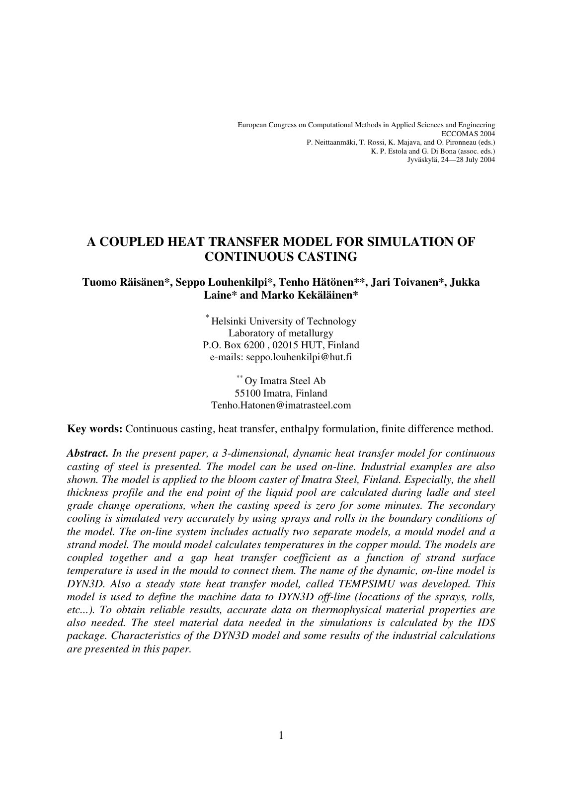 First page of A Coupled Heat Transfer Model for Simula