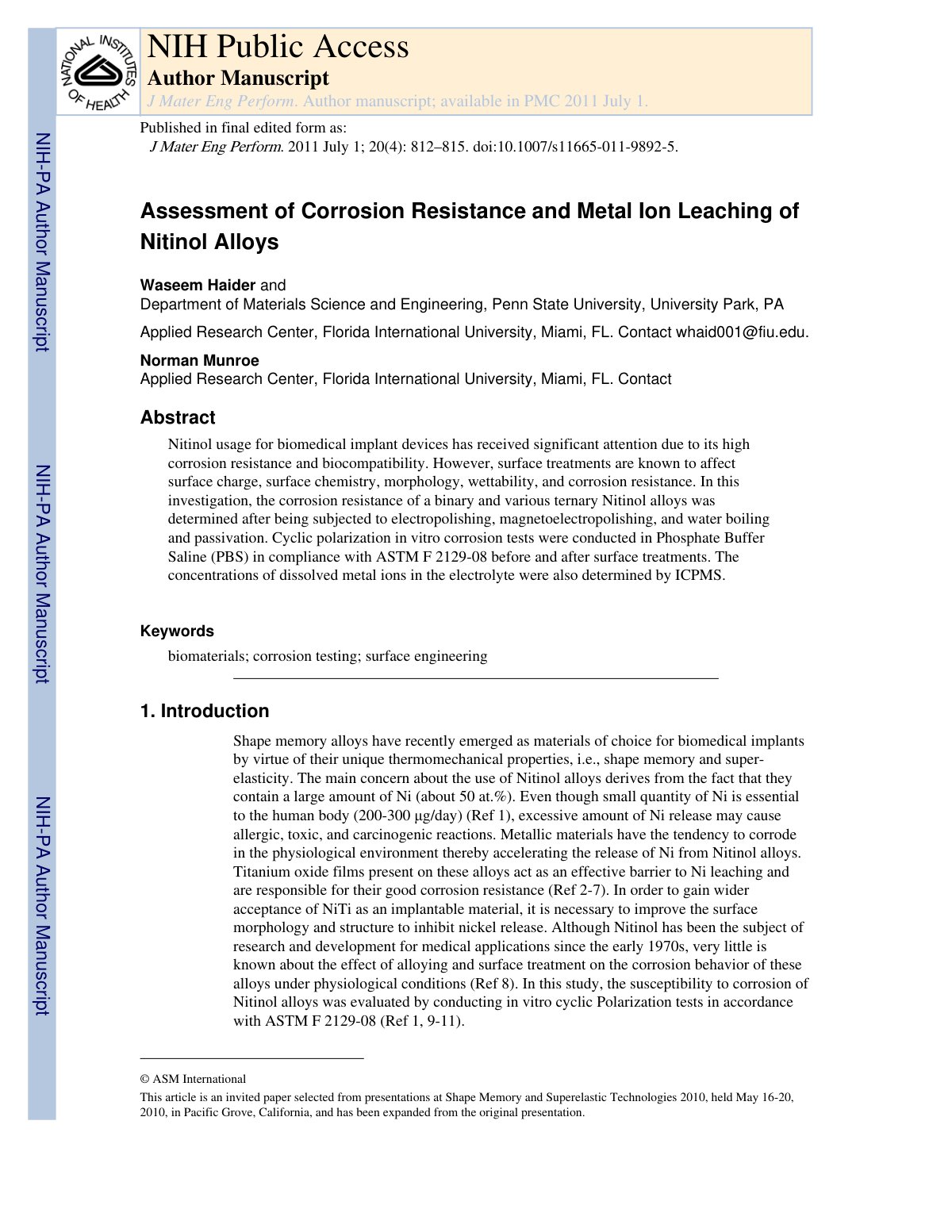 First page of Assessment of Corrosion Resistance and Metal Ion Leaching of Nitinol Alloys