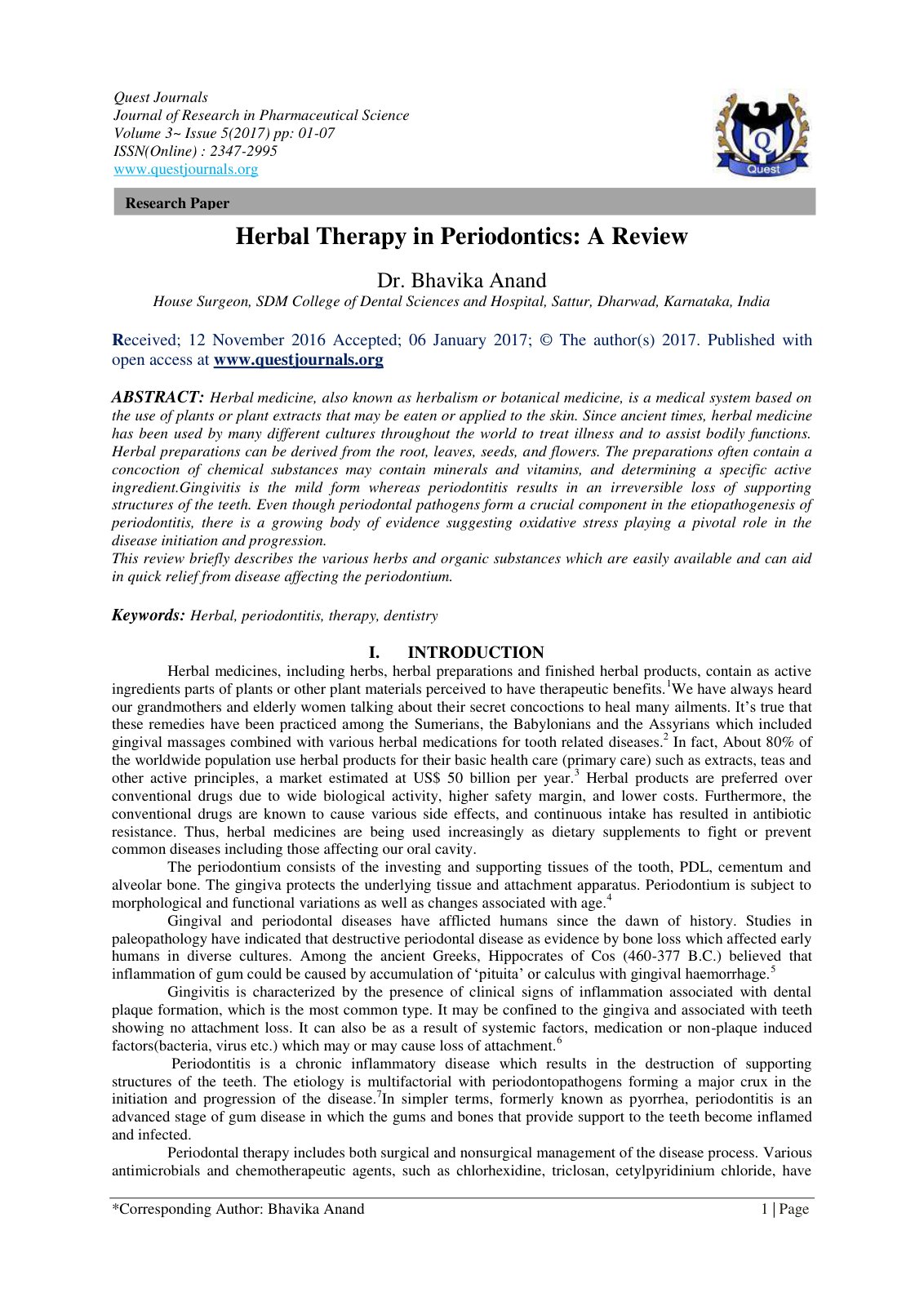 First page of Herbal Therapy in Periodontics A Review