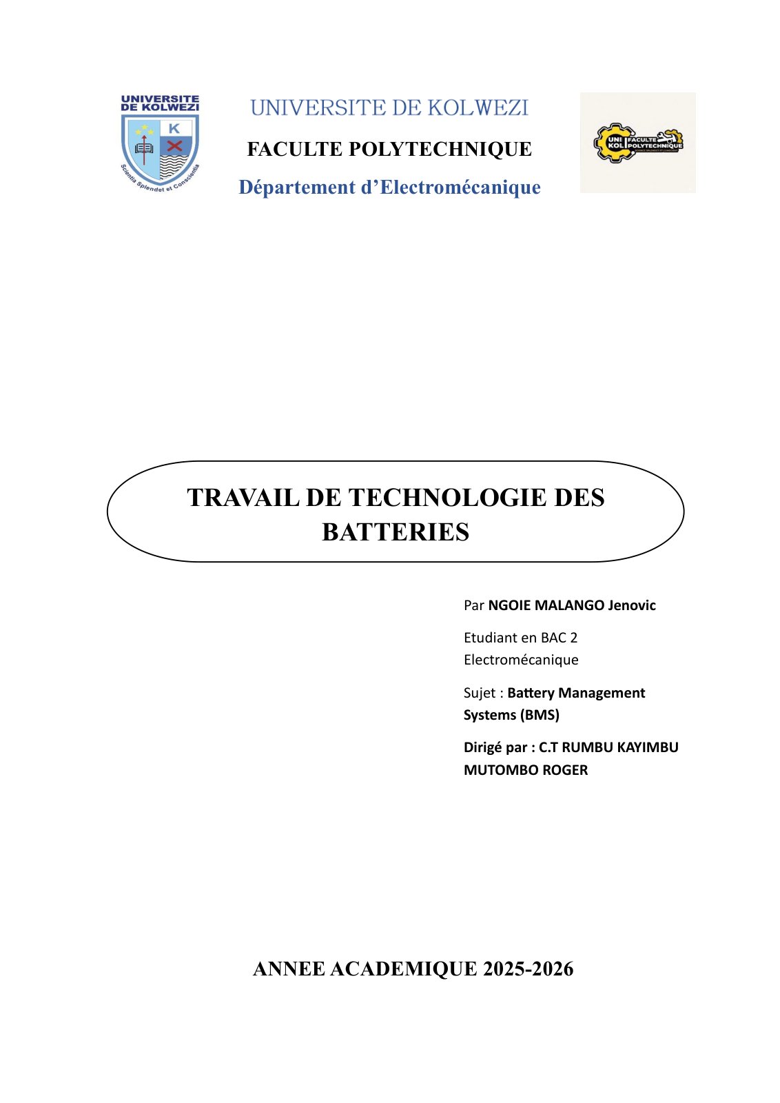 First page of NGOIE MALANGO Jenovic TECHNOLOGIE DES BATTERIES (1)
