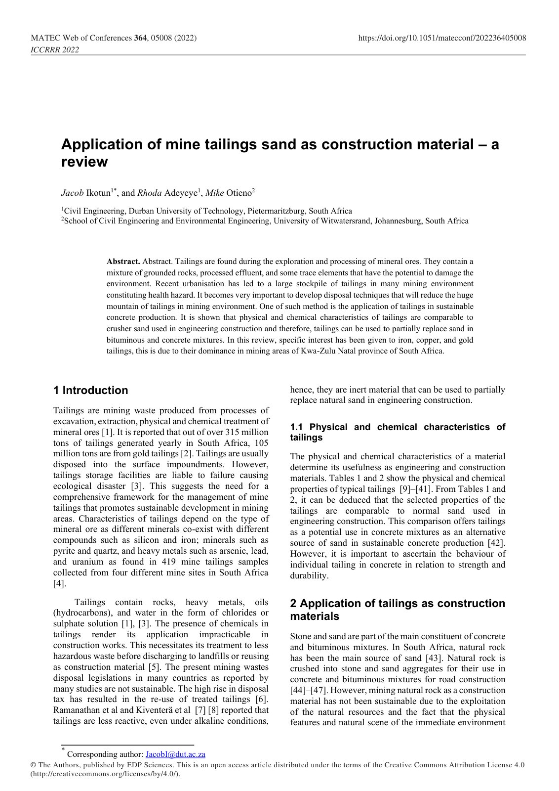 First page of Application of mine tailings sand as construction material – a review