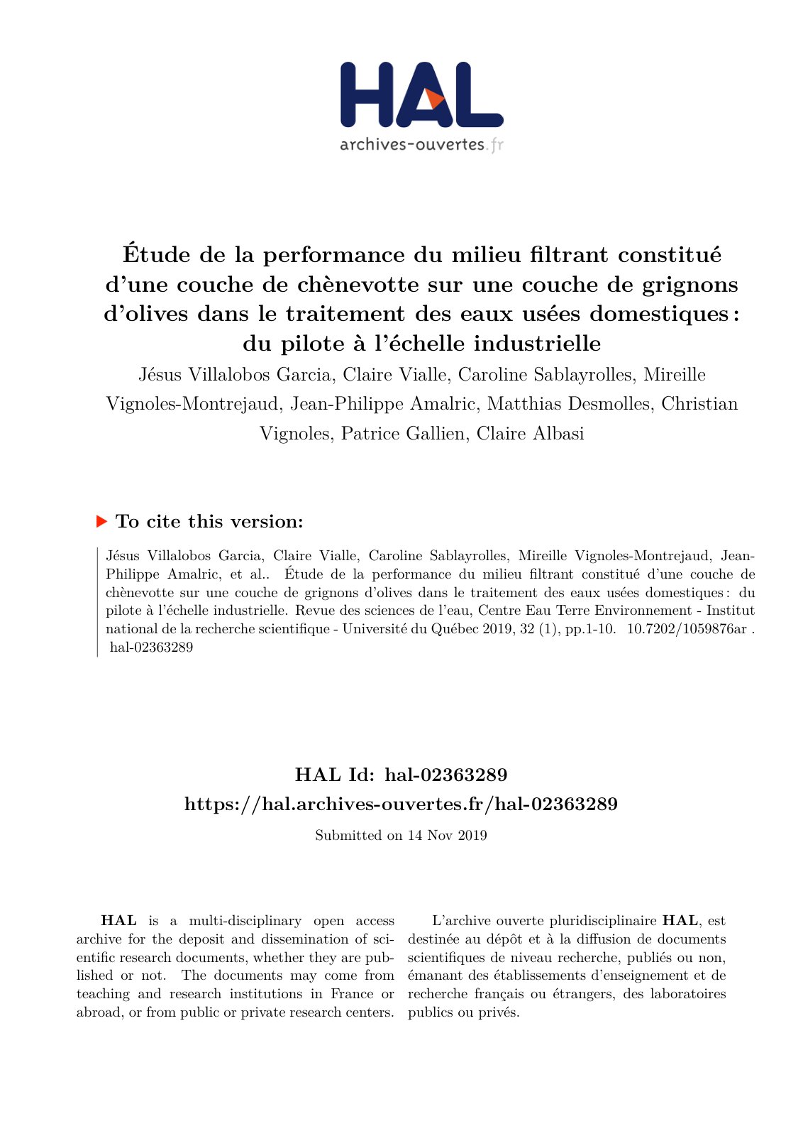 First page of Etude De La Performance Du Milieu Filtra