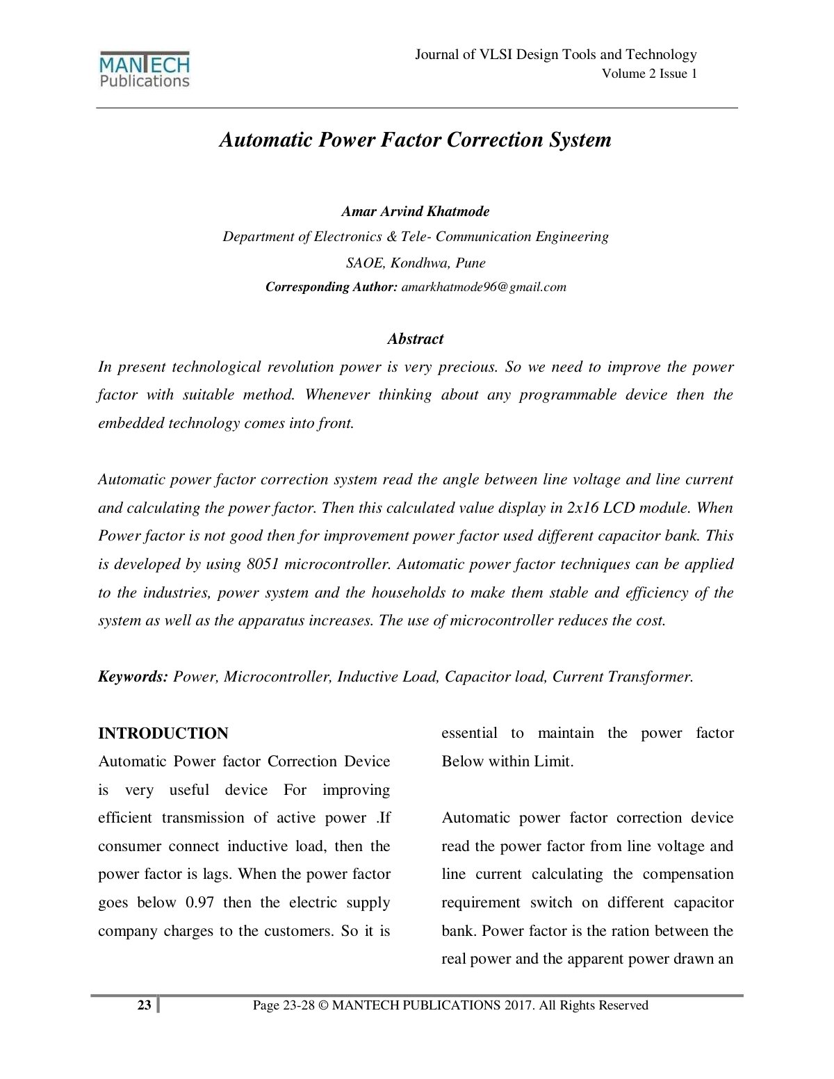 First page of Automatic Power Factor Correction System