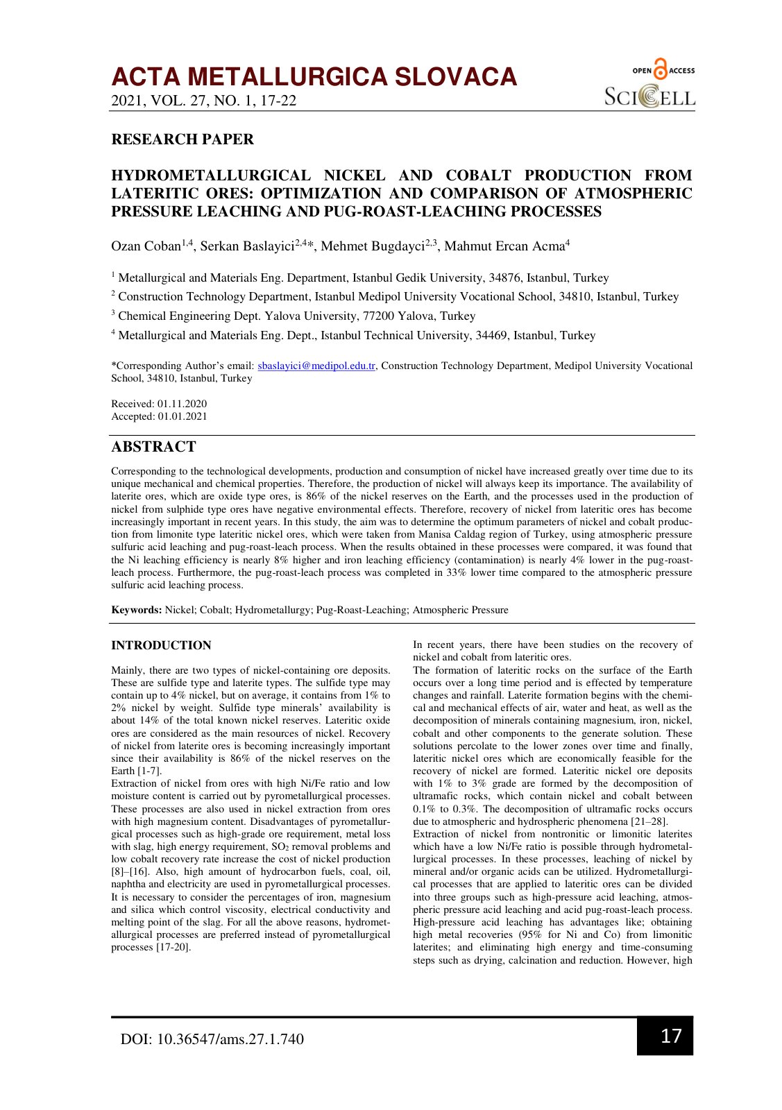 First page of Hydrometallurgical Nickel and Cobalt Pro
