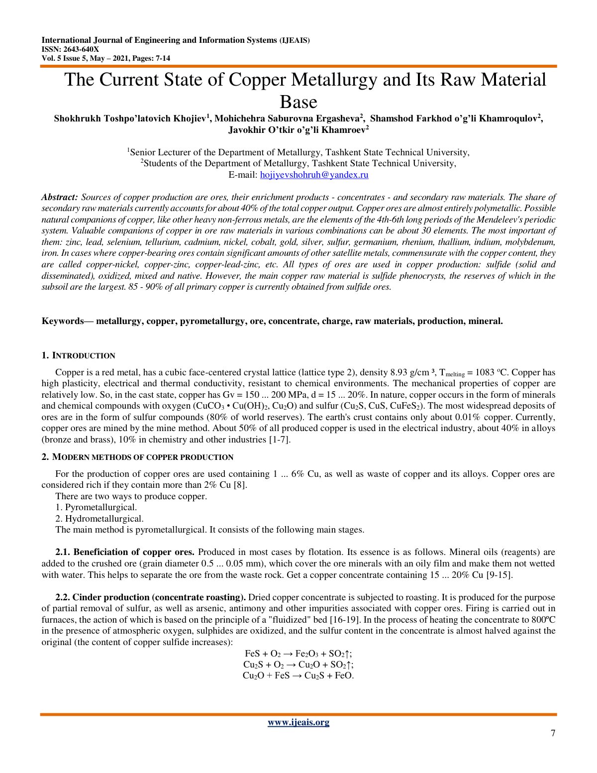 First page of The Current State of Copper Metallurgy a