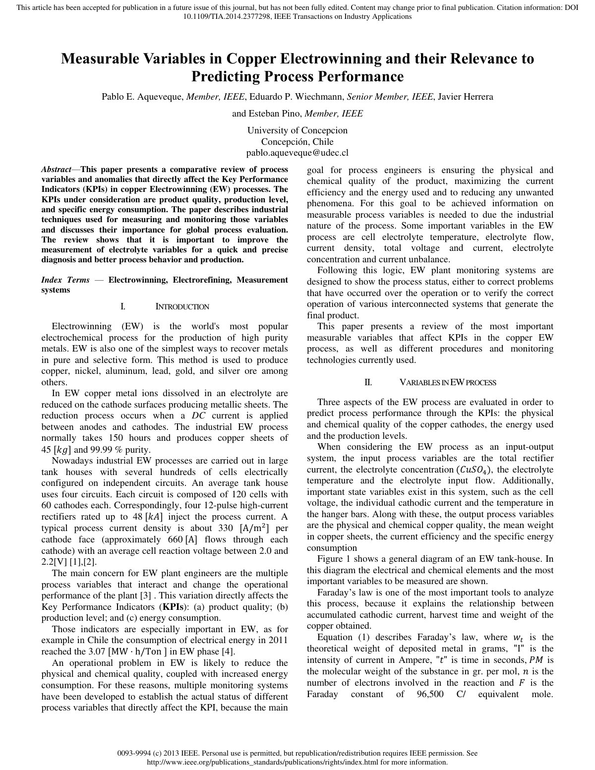 First page of Measurable Variables in Copper Electrowinning and their Relevance to Predicting Process Performance