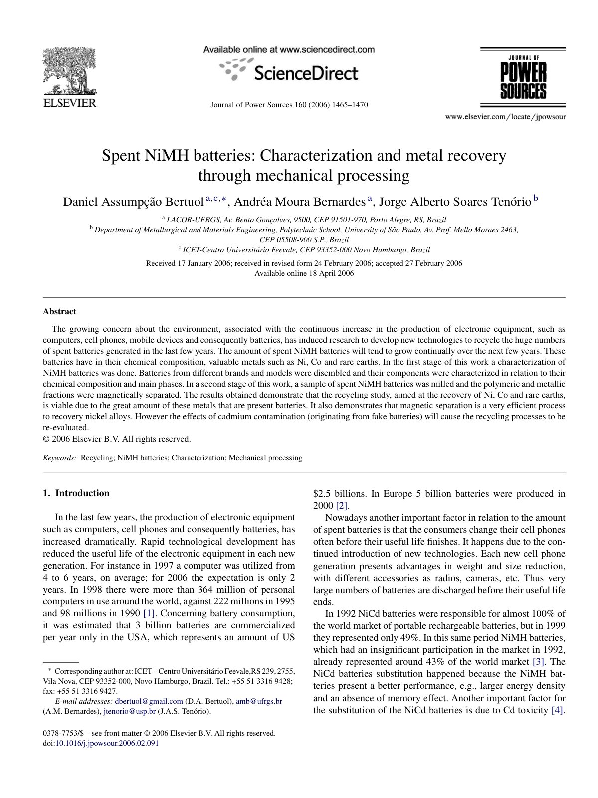 First page of Spent NiMH batteries Characterization an