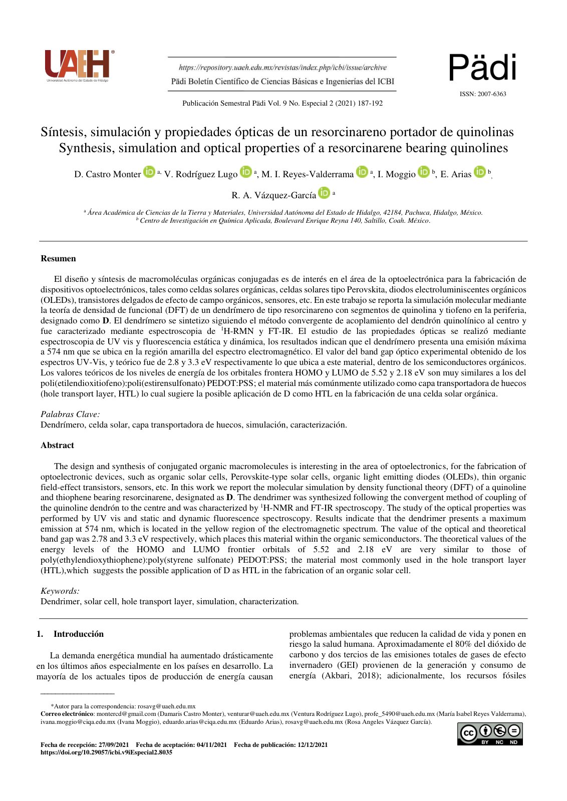 First page of Sintesis simulacion y propiedades optica