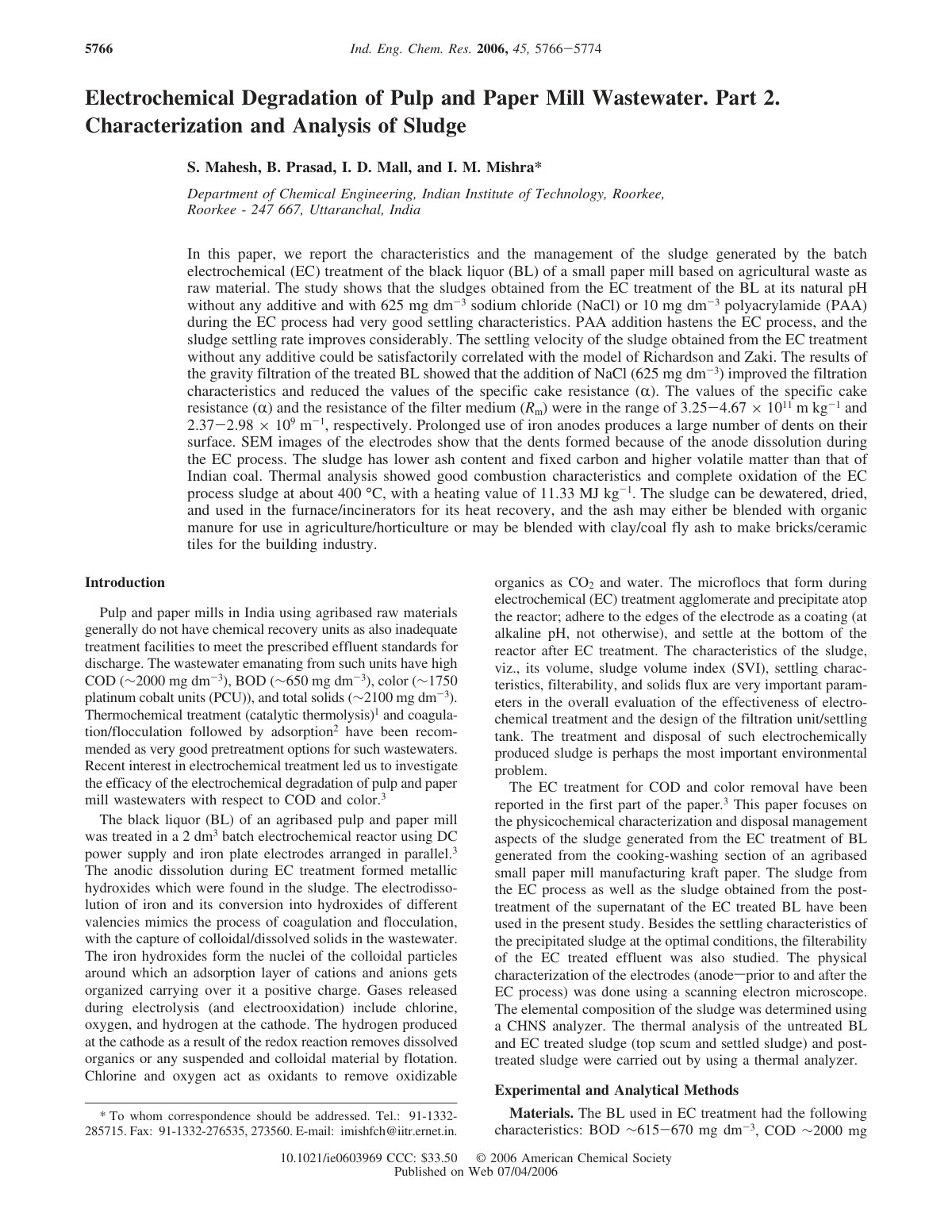 First page of Electrochemical Degradation of Pulp and
