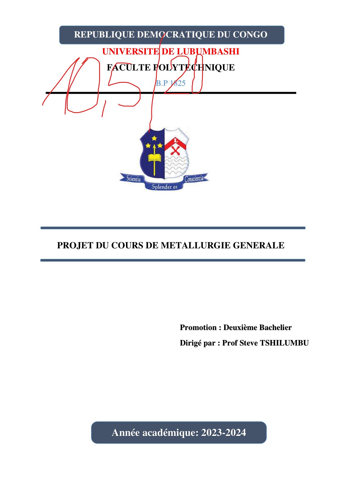 First page of PROJET DU COURS DE METALLURGIE GENERALE