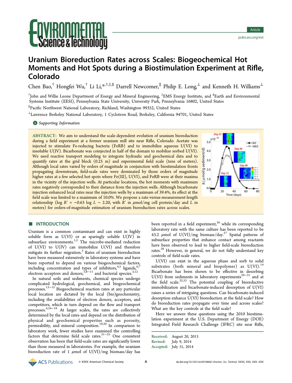 First page of Uranium Bioreduction Rates across Scales: Biogeochemical Hot Moments and Hot Spots during a Biostimulation Experiment at Riﬂe, Colorado