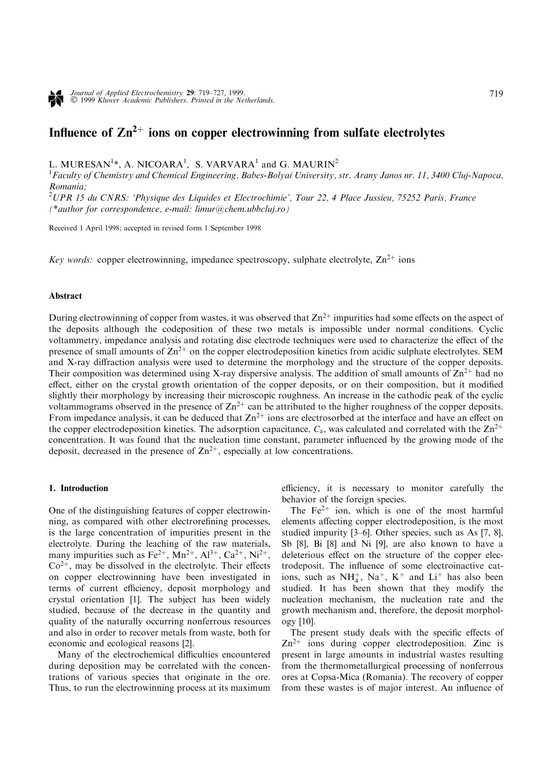 First page of Influence of Zn2 ions on copper electrow