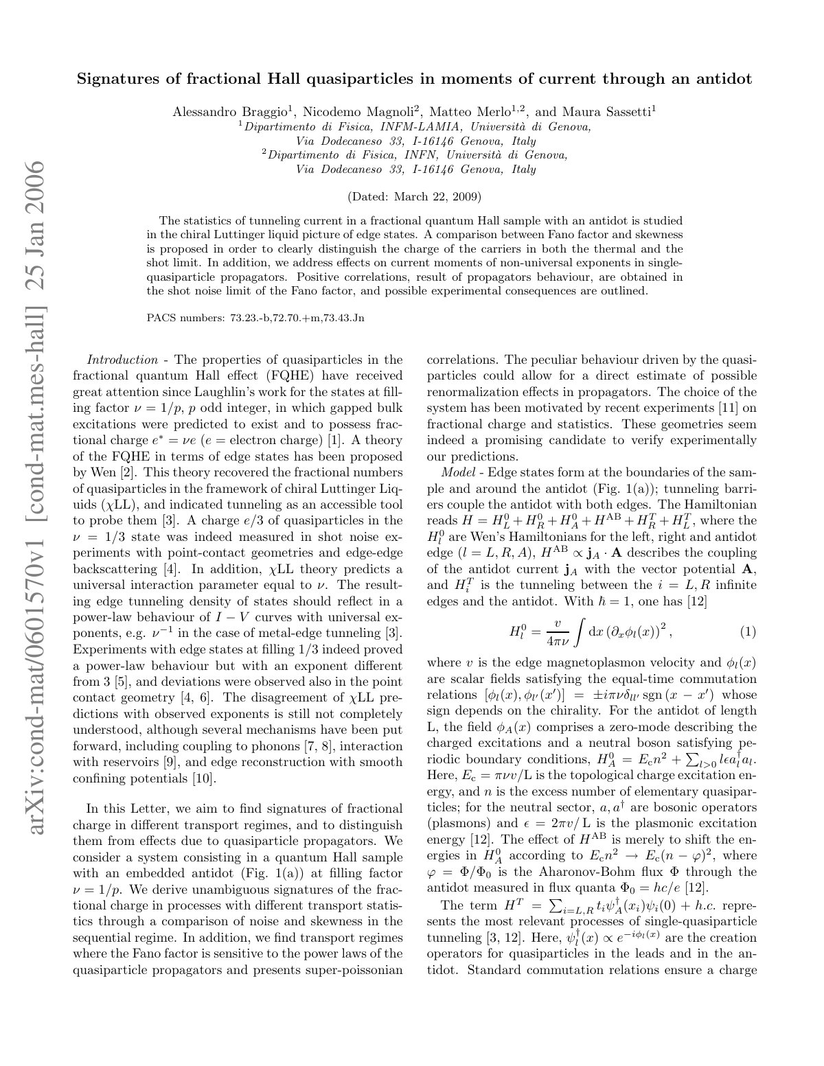 First page of Signatures of fractional Hall quasiparticles in moments of current through an antidot
