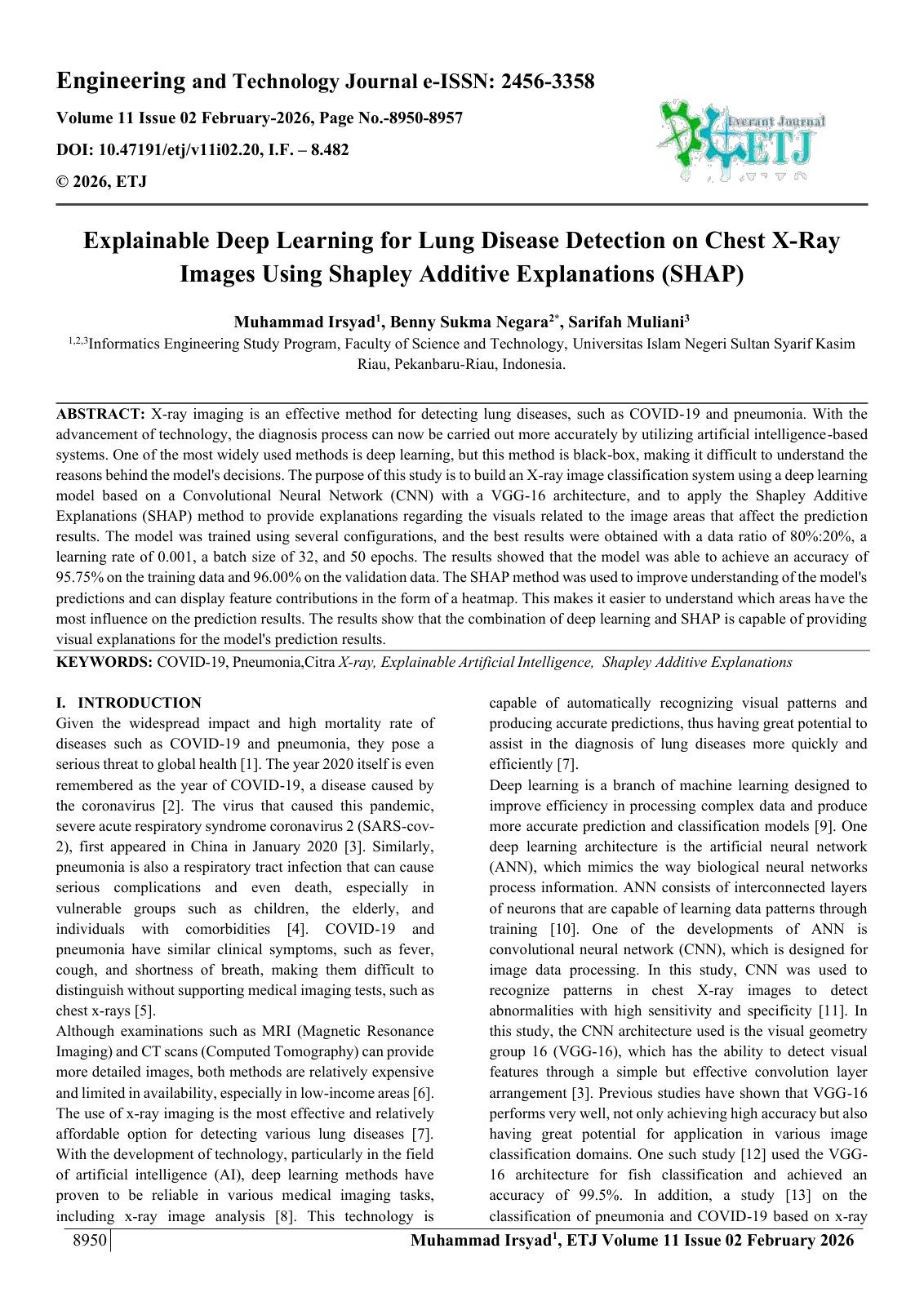 First page of Explainable Deep Learning for Lung Disease Detection on Chest X-Ray  Images Using Shapley Additive Explanations (SHAP)