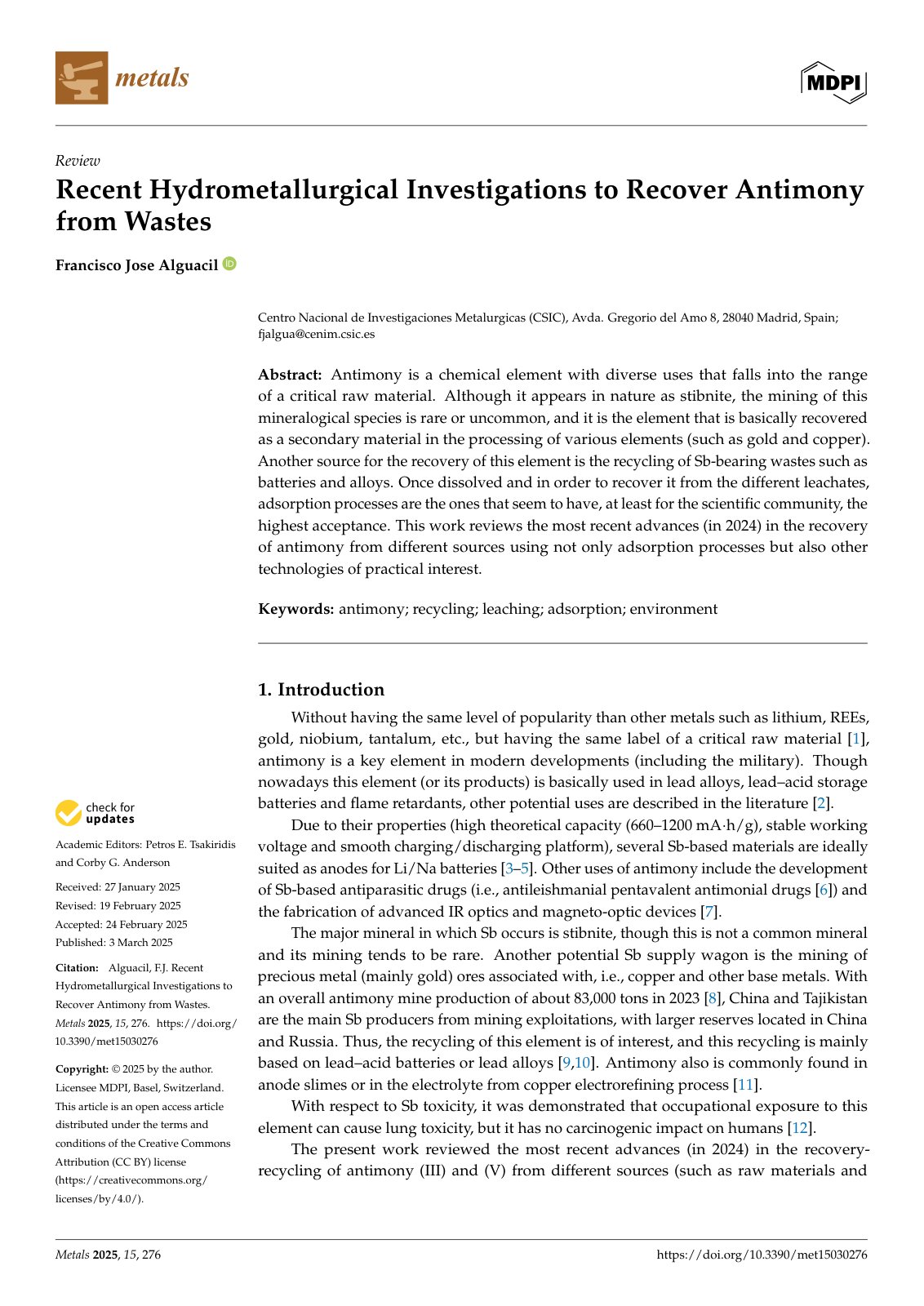 First page of 2025   Alguacil   Antimony recovery from wastes review