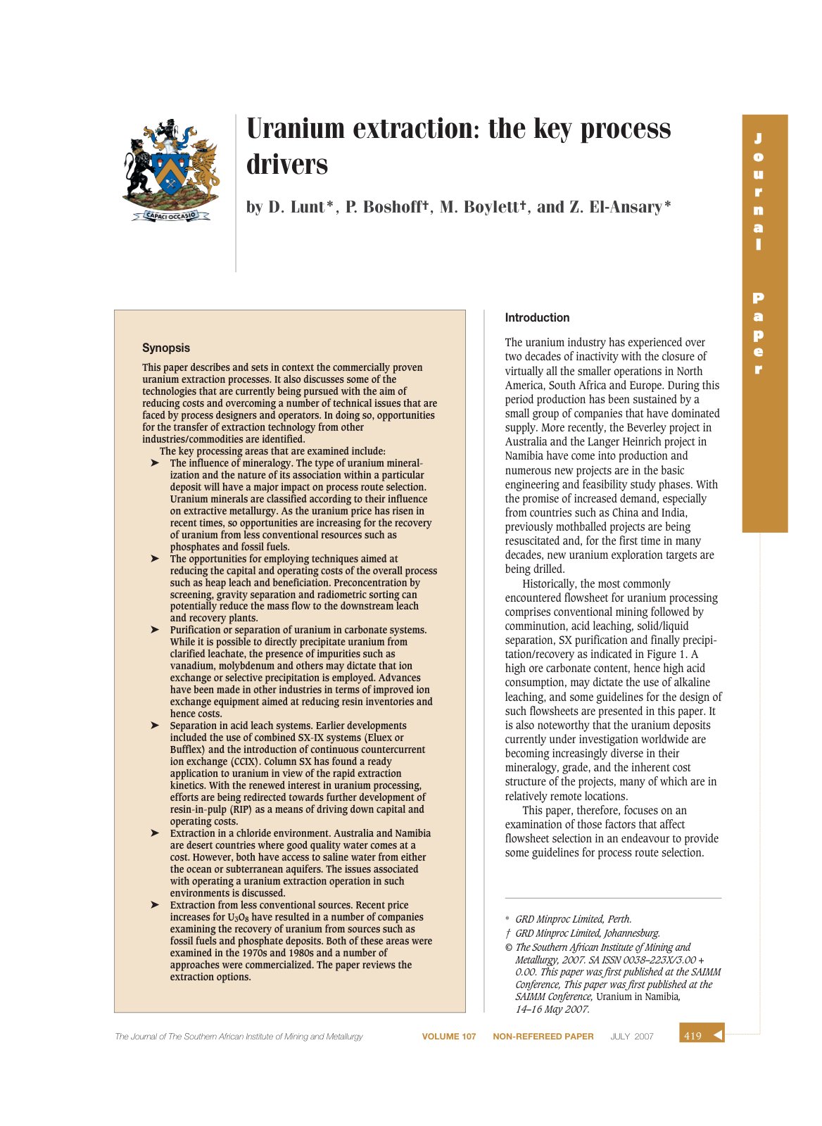 First page of Uranium extraction   the key process drivers   Synopsis