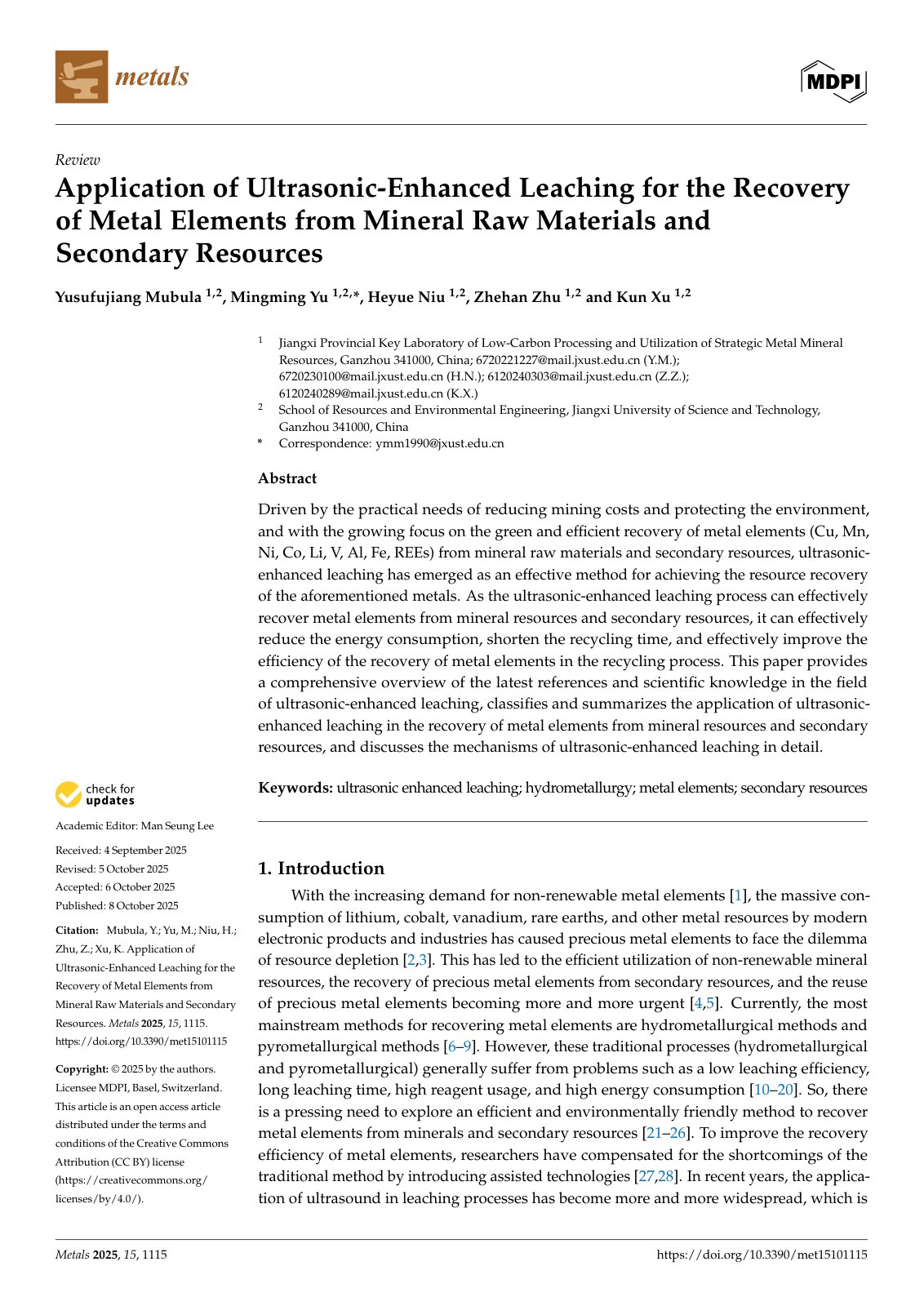 First page of 2025   Mubula   Ultrasonic Enhanced Leaching Review