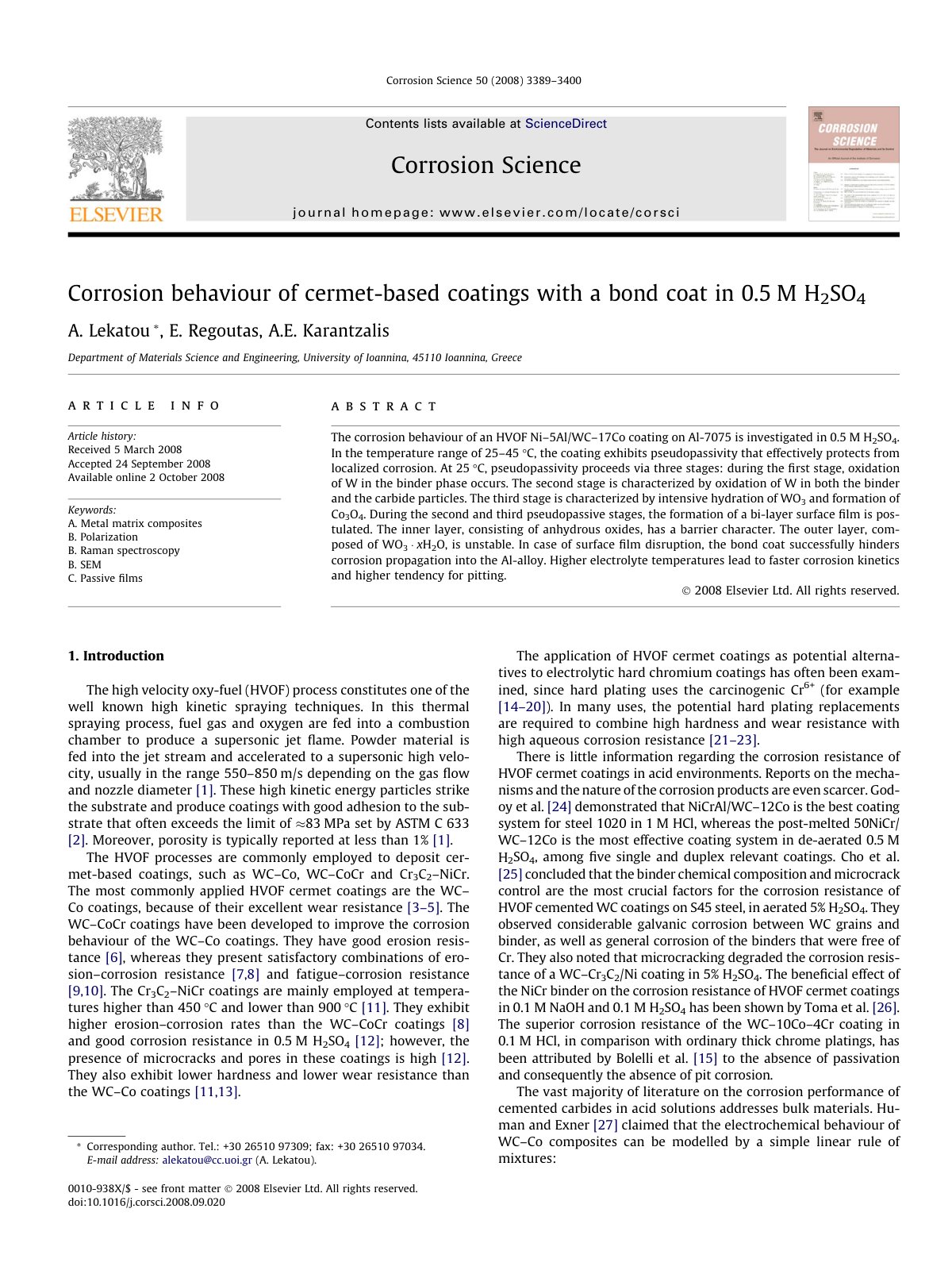 First page of Corrosion behaviour of cermet-based coatings with a bond coat in 0.5 M H2SO4