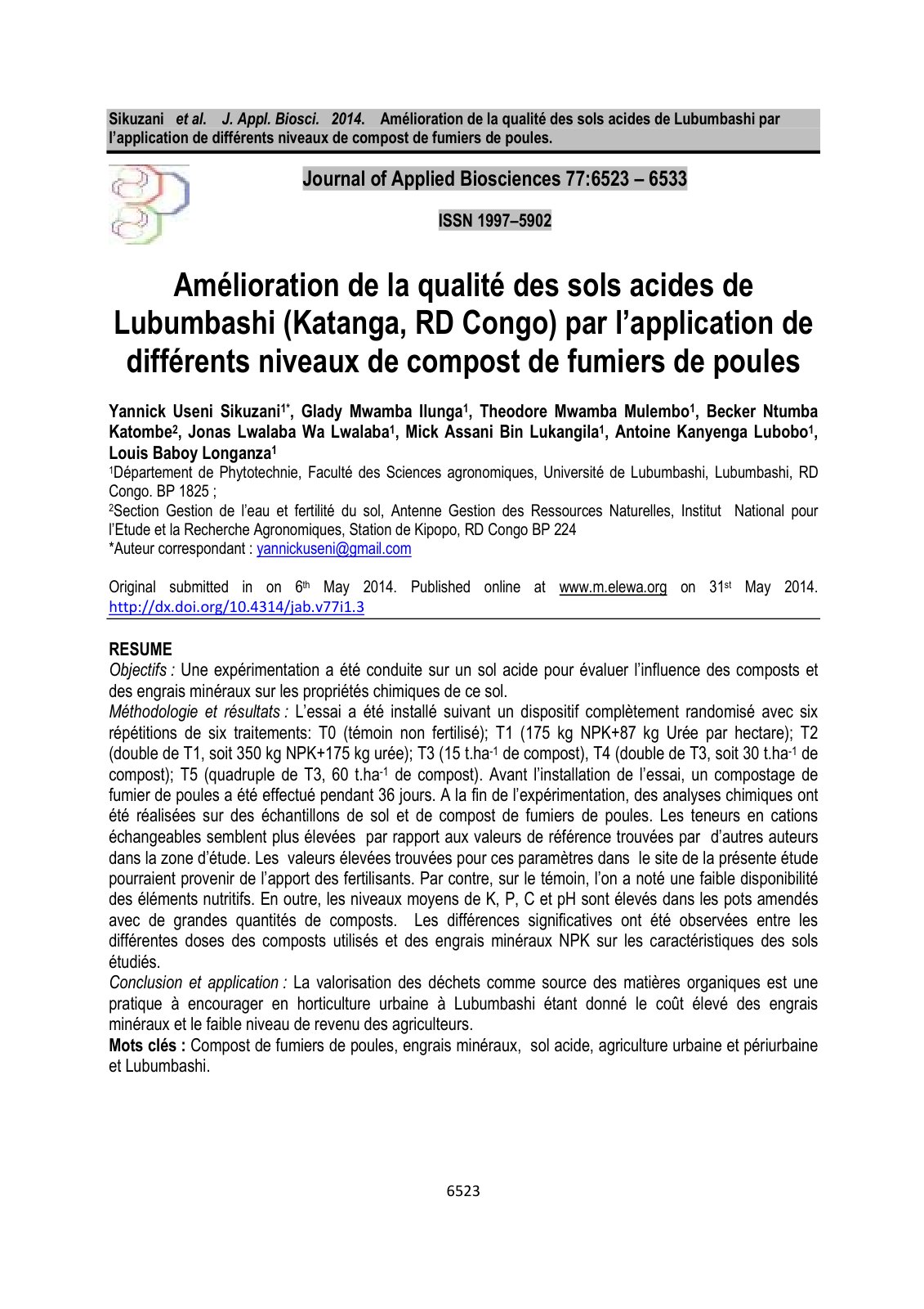 First page of Amelioration de la qualite des sols acid