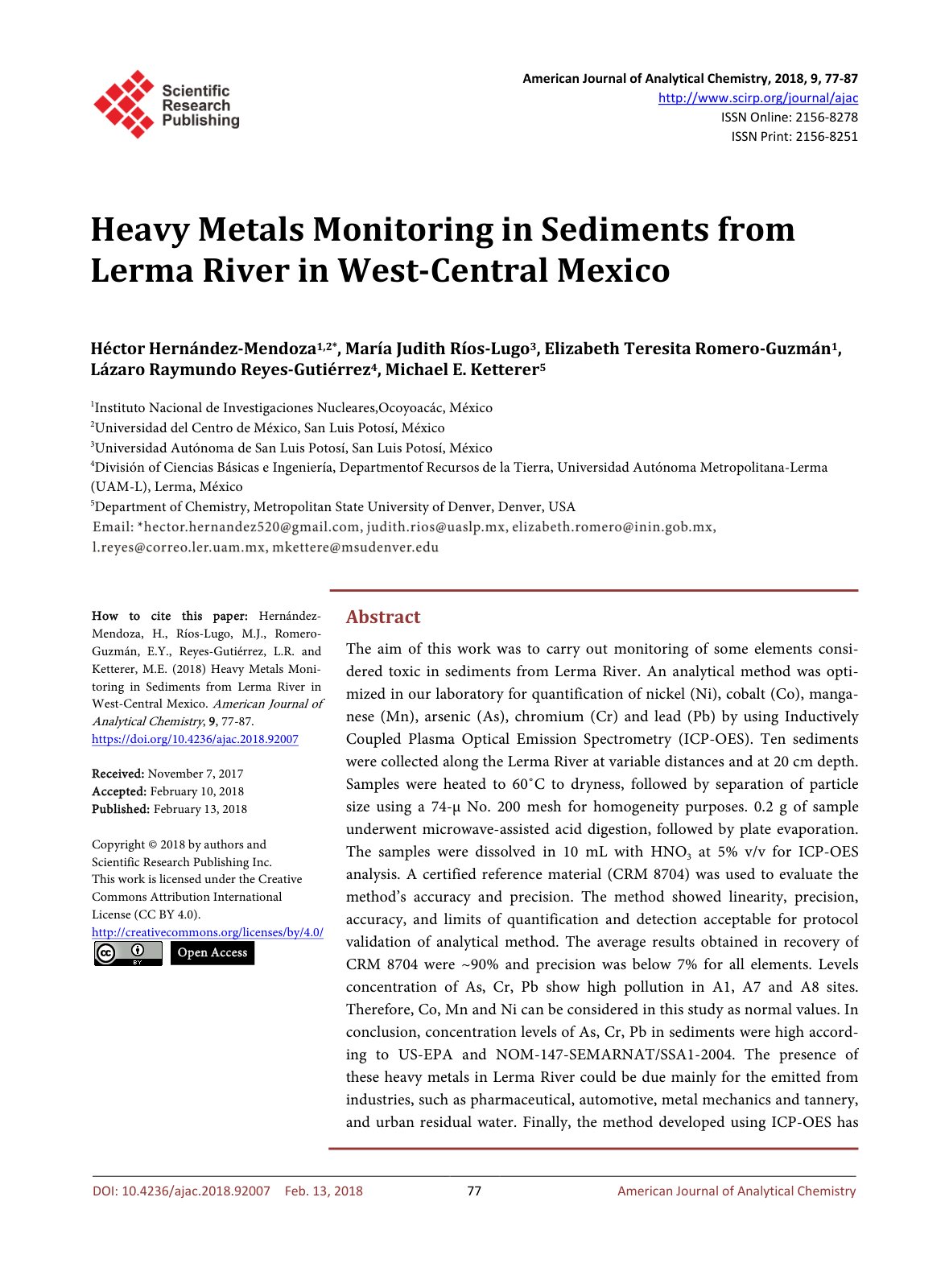 First page of Heavy Metals Monitoring in Sediments from Lerma River in West-Central Mexico