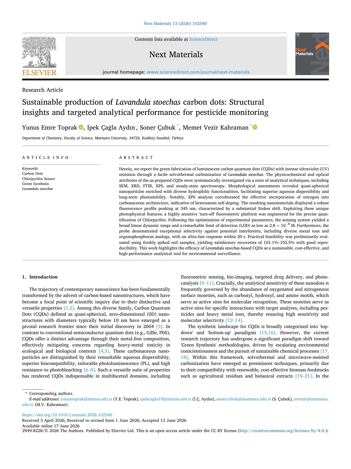 First page of Sustainable production of Lavandula stoechas carbon dots  Struct 2026 Next M