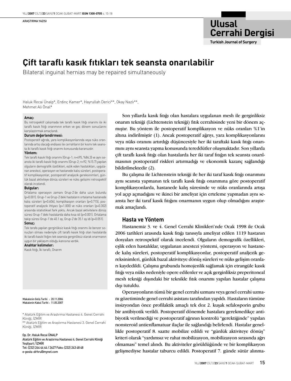 First page of Çift taraflý kasýk fýtýklarý tek seansta onarýlabilir