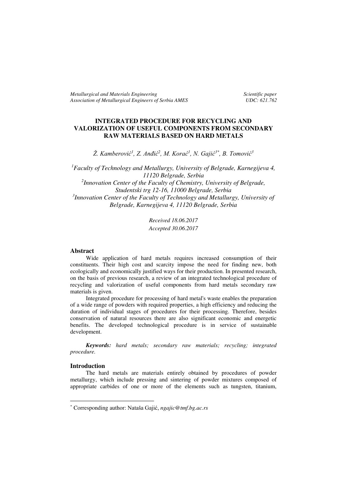 First page of INTEGRATED PROCEDURE FOR RECYCLING AND VALORIZATION OF USEFUL COMPONENTS FROM SECONDARY RAW MATERIALS BASED ON HARD METALS