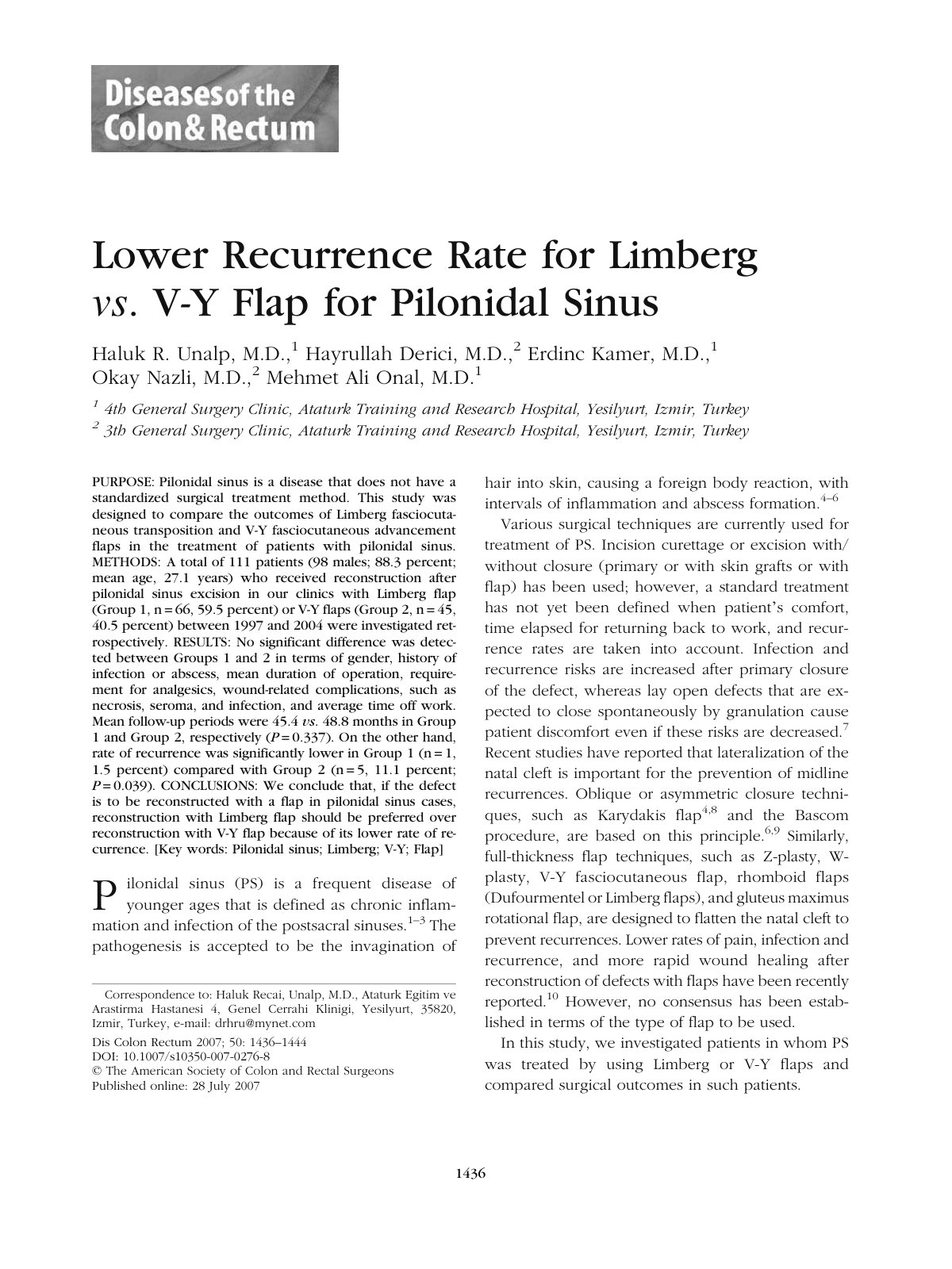 First page of Lower Recurrence Rate for Limberg vs. V-Y Flap for Pilonidal Sinus