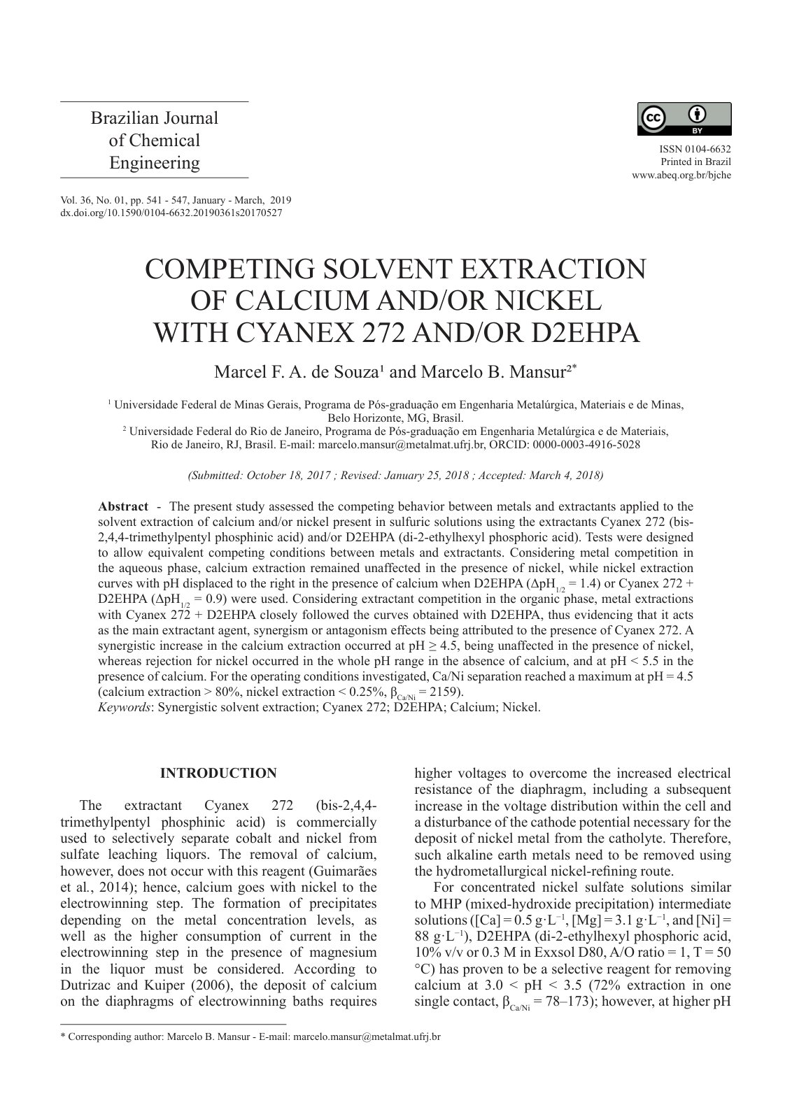 First page of Competing solvent extraction of calcium and/or nickel with Cyanex 272 and/or D2EHPA
