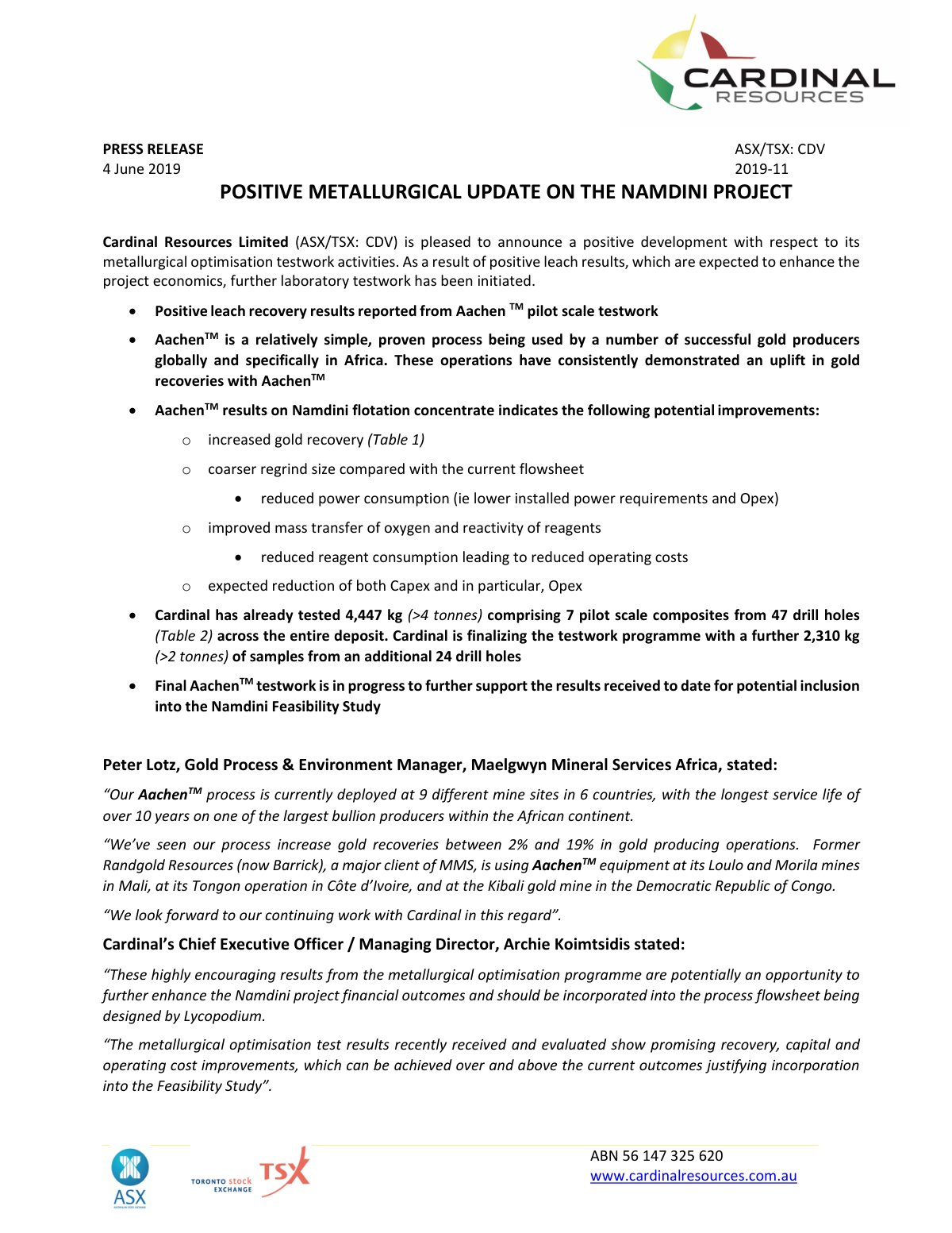First page of Positive Metallurgical Update on the Namdini Project