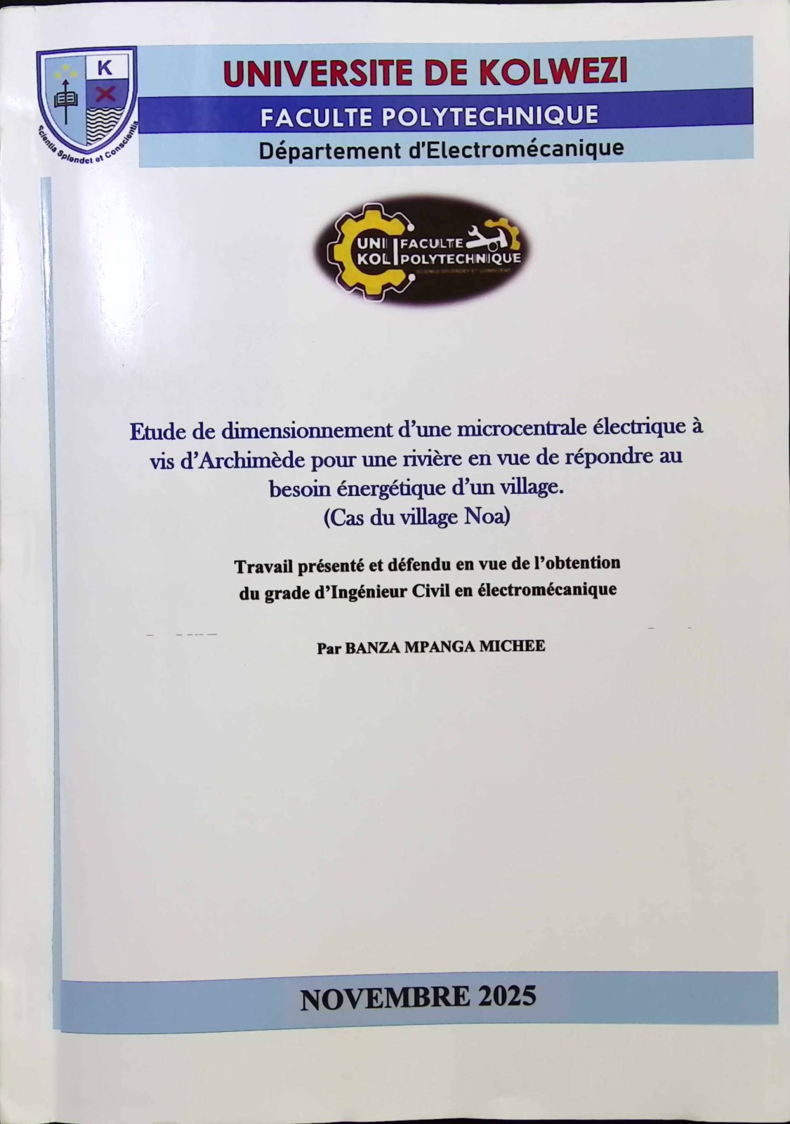 First page of Etude de dimensionnement d'une microcentrale électrique à vis d'Archimède pour une rivière en vue de répondre au besoin énergétique d'un village. (Cas du village Noa)