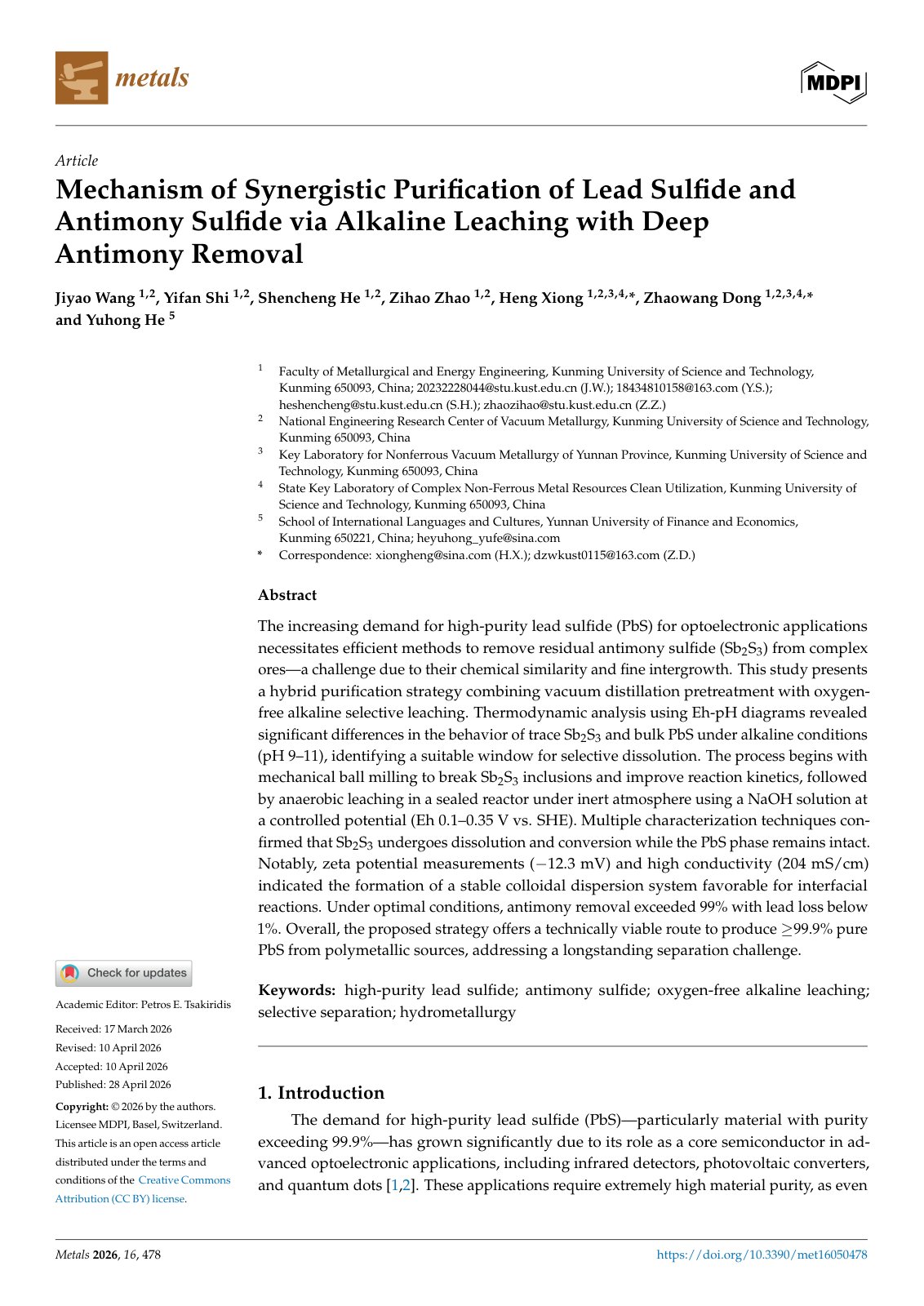 First page of 2026   Wang   Alkaline Antimony Removal from Lead Antimony Sulfides