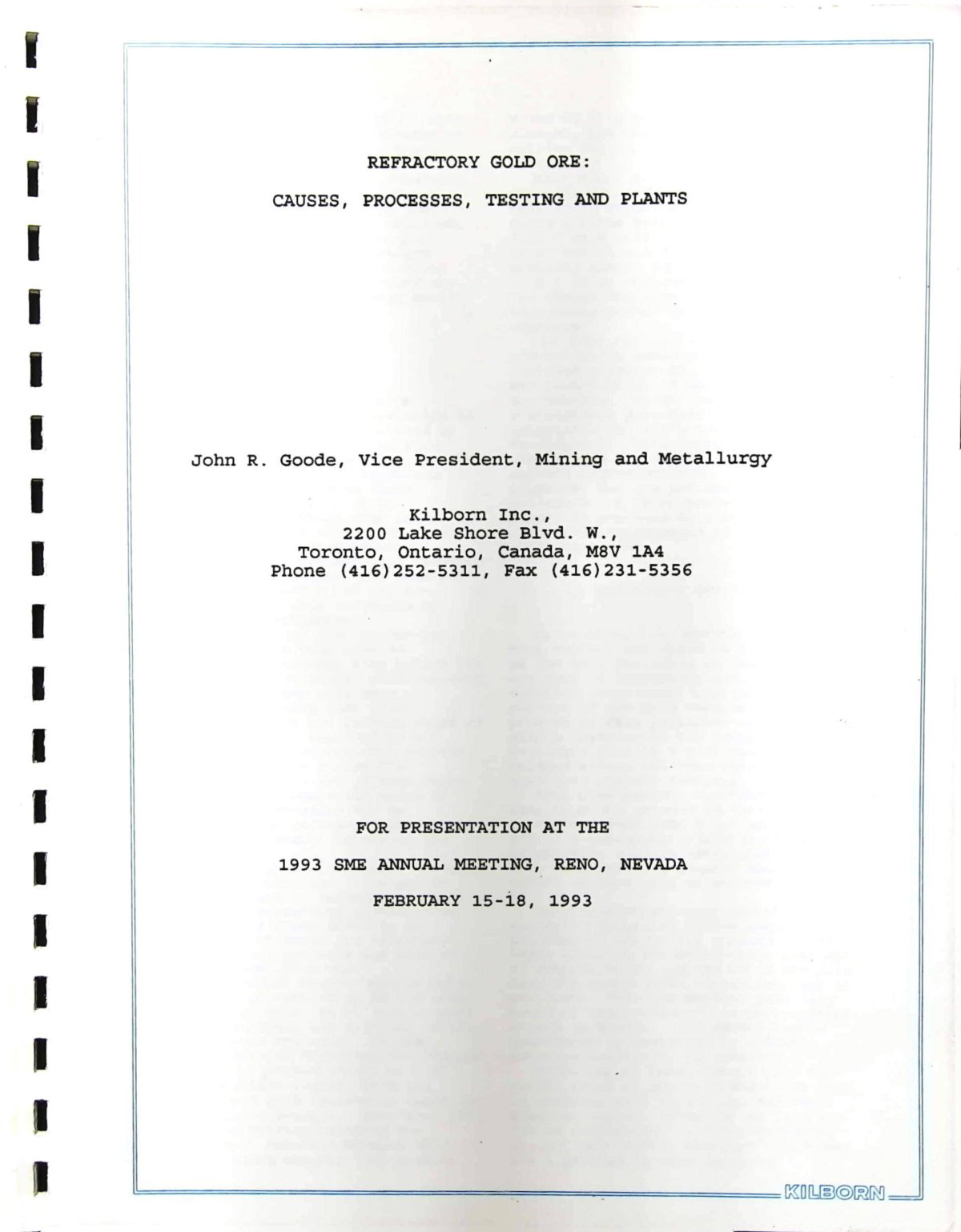 First page of REFRACTORY GOLD ORE: CAUSES, PROCESSES, TESTING AND PLANTS