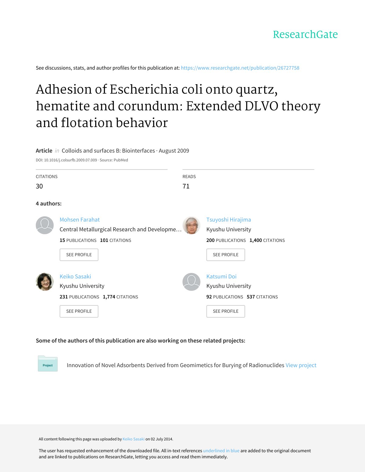 First page of Adhesion of Escherichia coli onto quartz